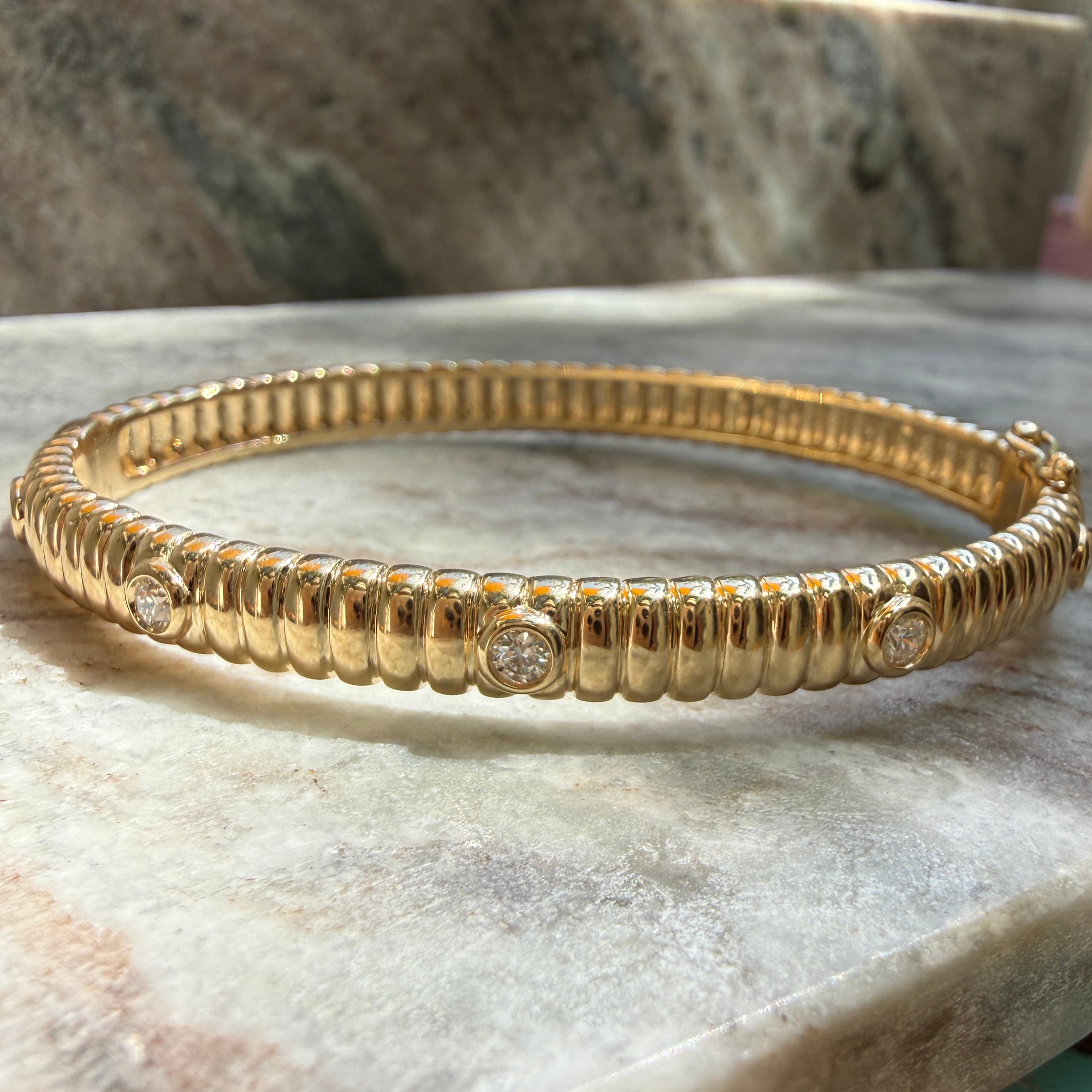 14k Yellow Gold Fluted Diamond Bezel Bangle