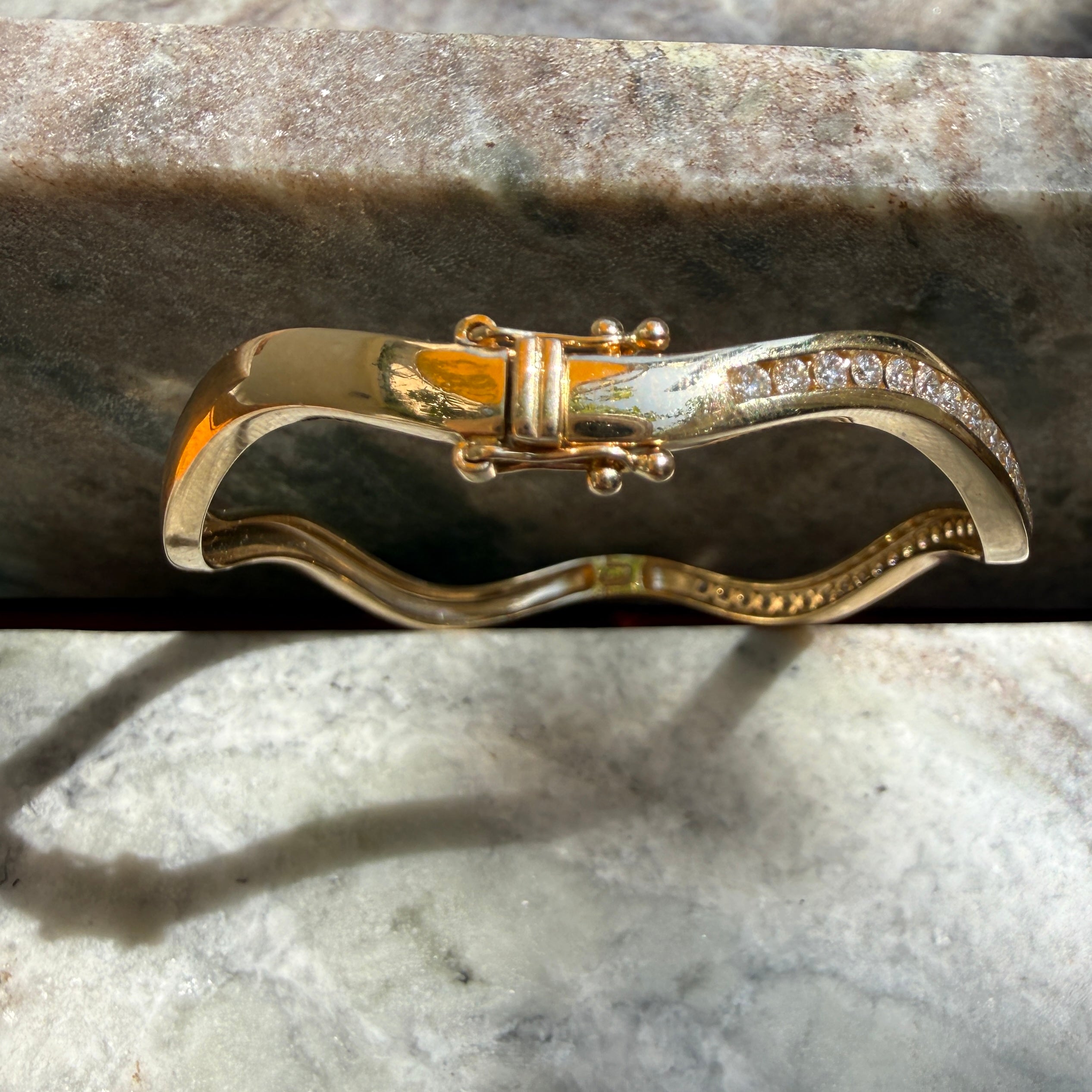 14k Yellow Gold Channel Set Diamond Wave Bangle