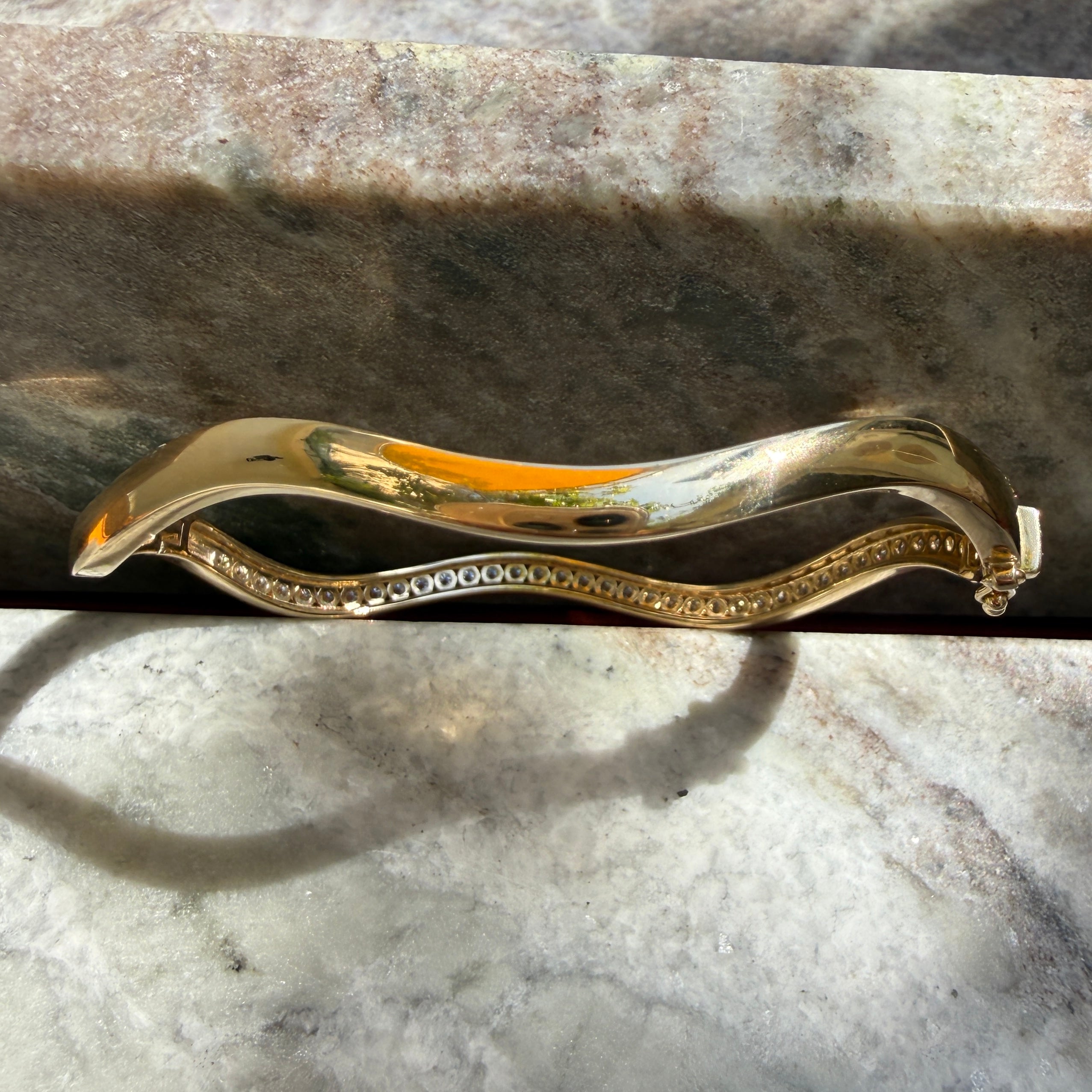 14k Yellow Gold Channel Set Diamond Wave Bangle