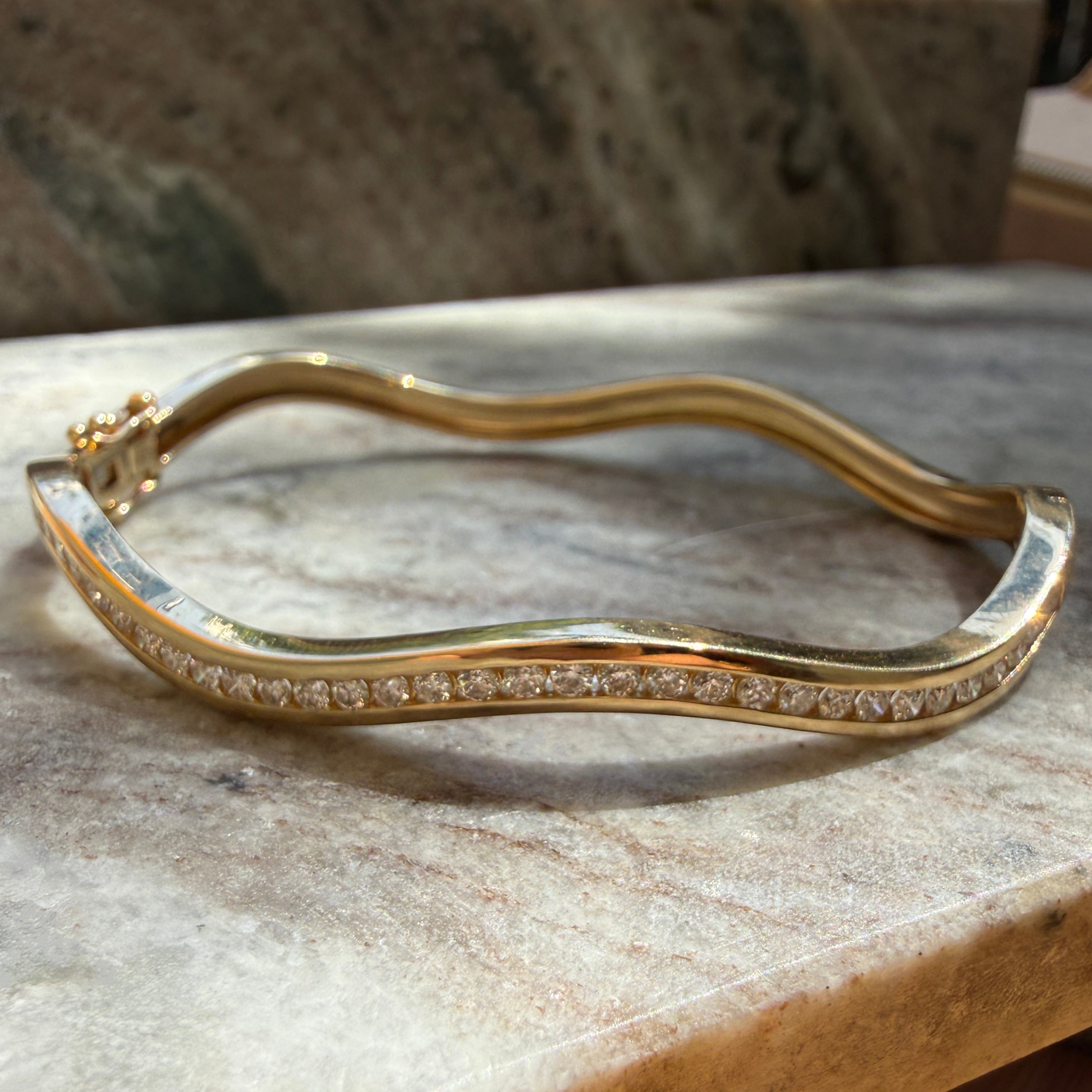 14k Yellow Gold Channel Set Diamond Wave Bangle