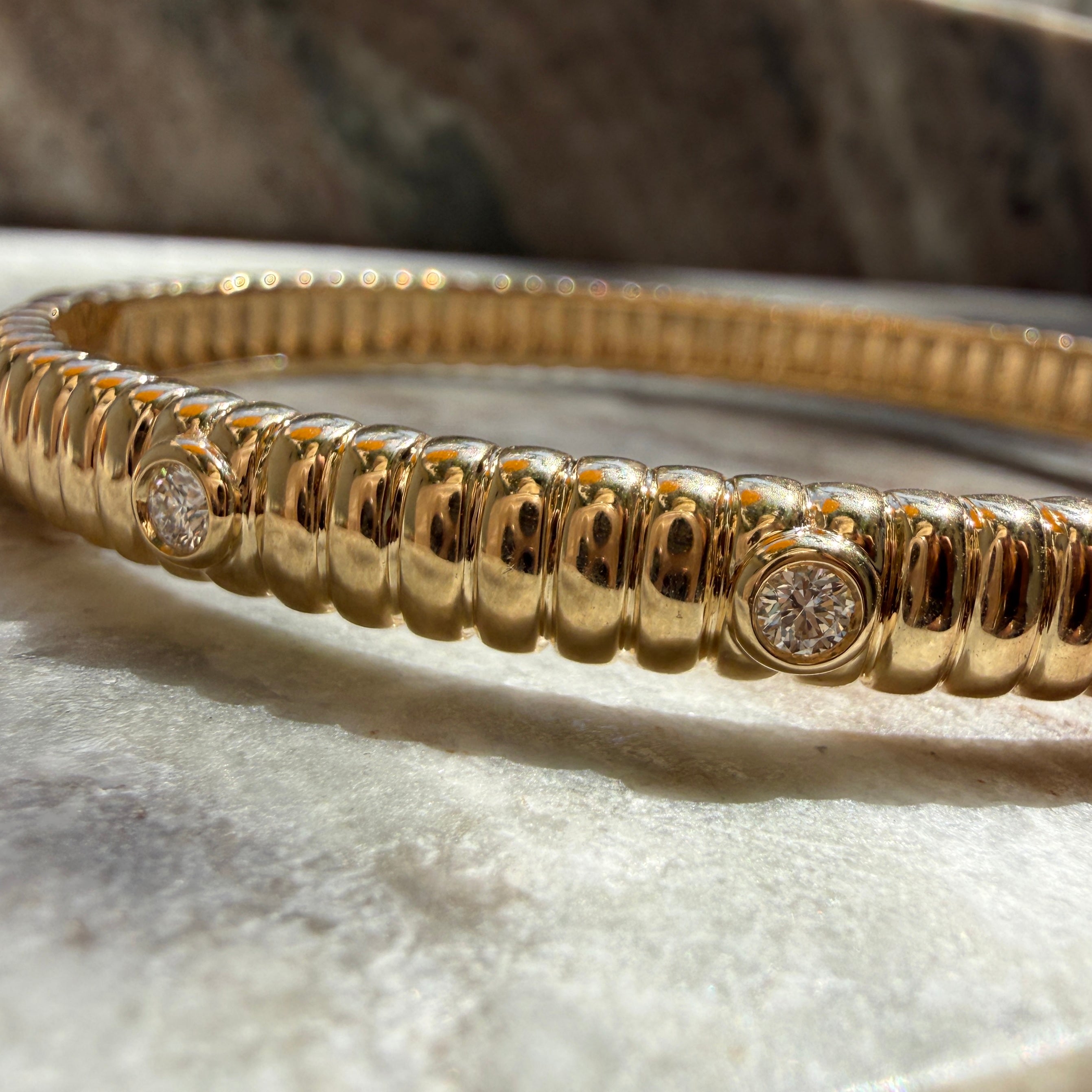 14k Yellow Gold Fluted Diamond Bezel Bangle