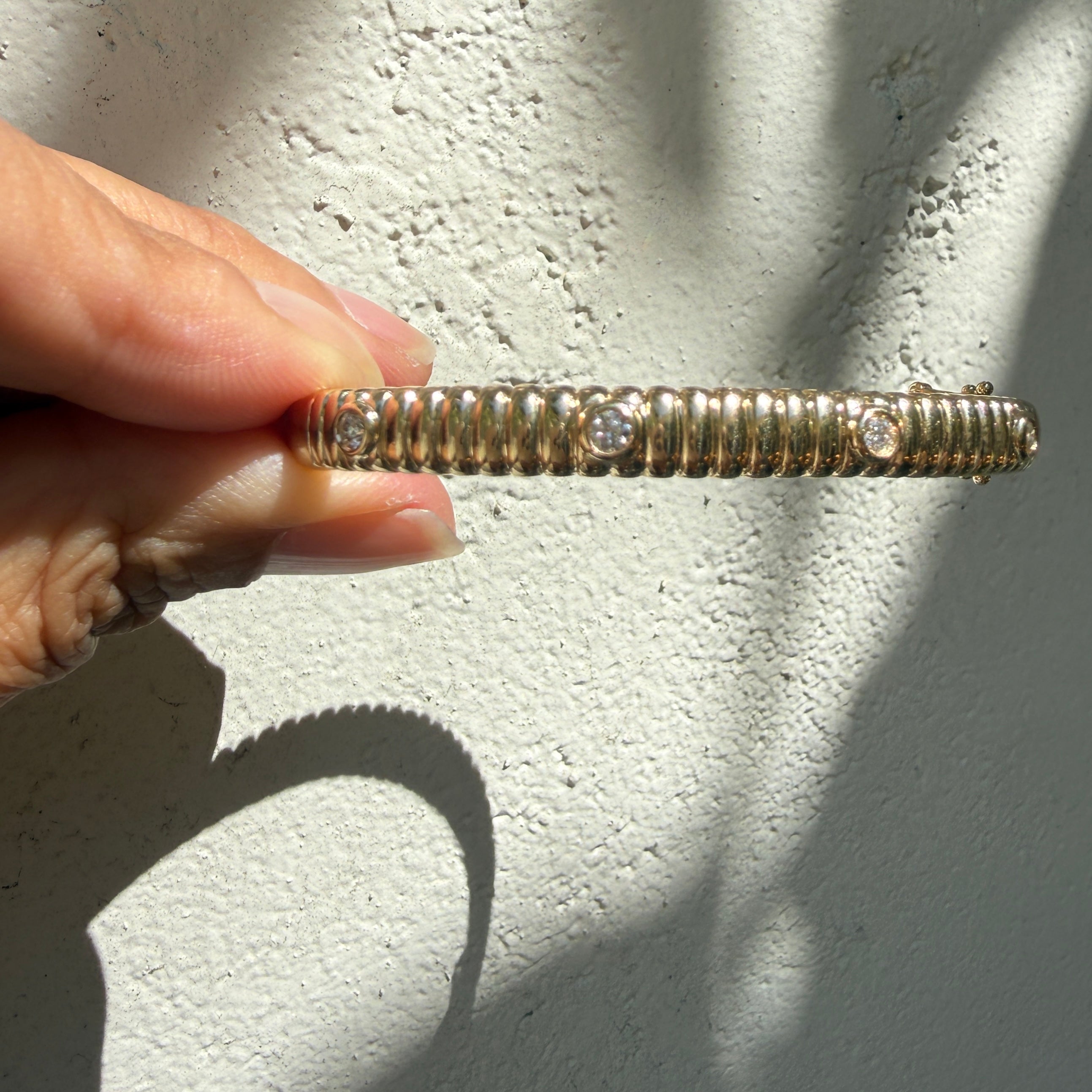 14k Yellow Gold Fluted Diamond Bezel Bangle