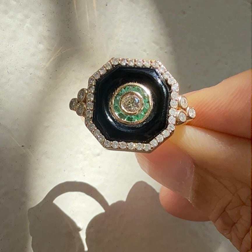 14k Yellow Gold Black Enamel, Emerald & Diamond Octagon Ring