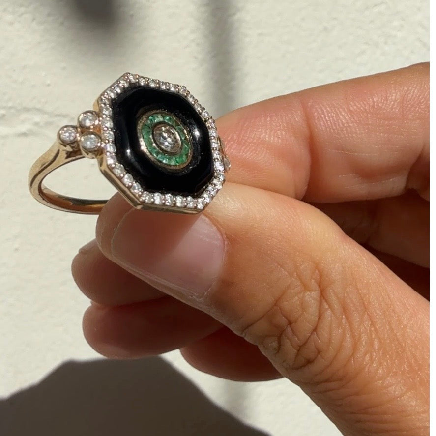 14k Yellow Gold Black Enamel, Emerald & Diamond Octagon Ring