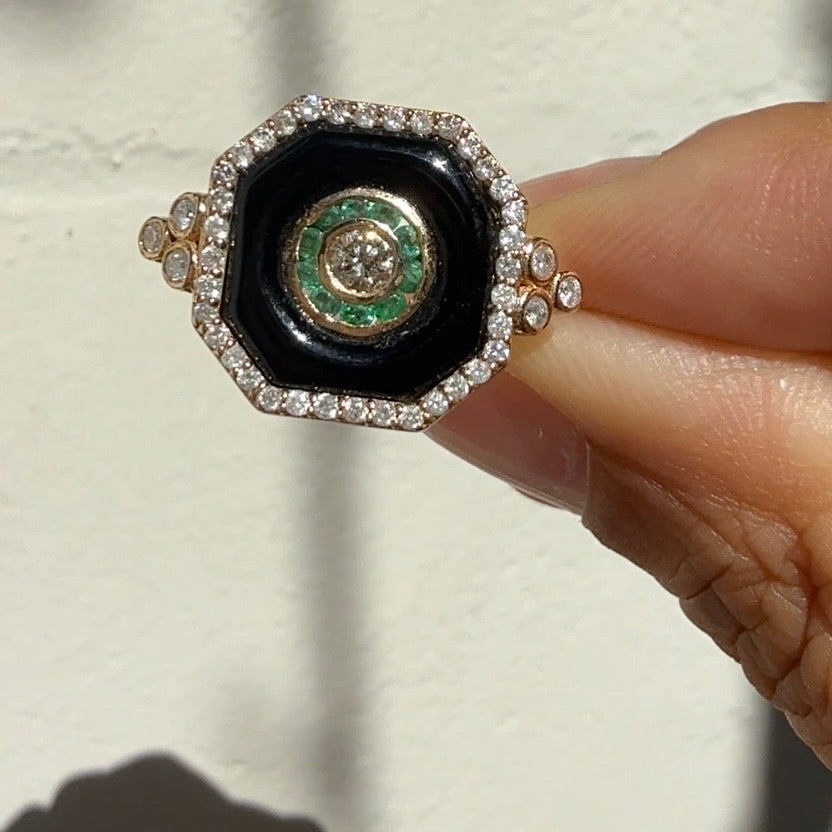 14k Yellow Gold Black Enamel, Emerald & Diamond Octagon Ring