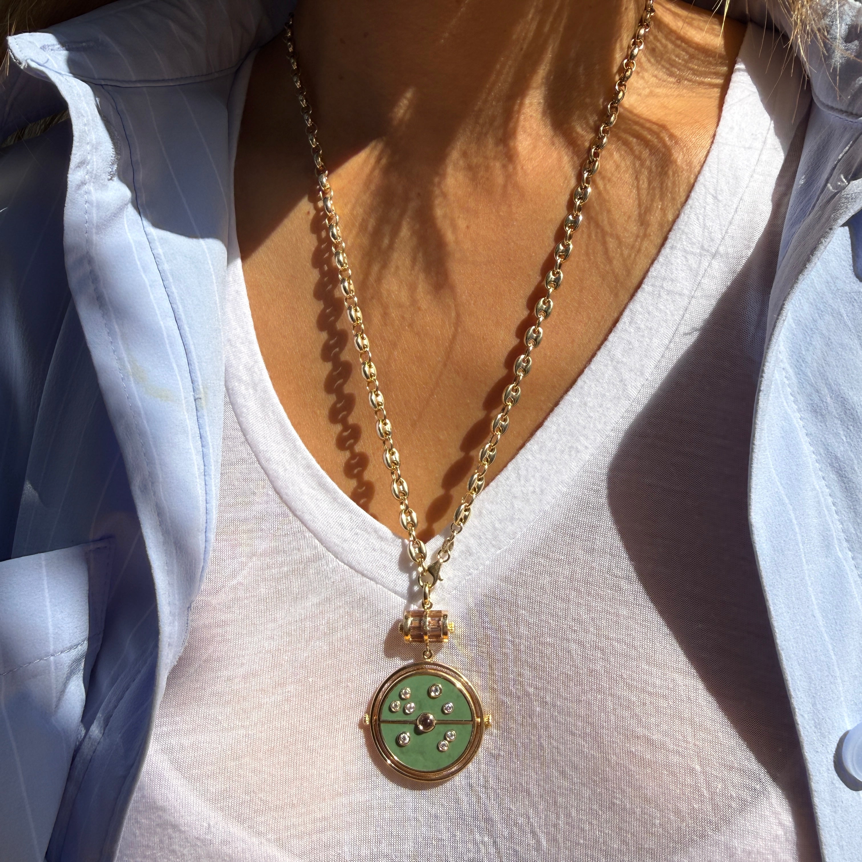 Retrouvai Grandfather Compass Pendant with Green Turquoise and Lotus Garnet