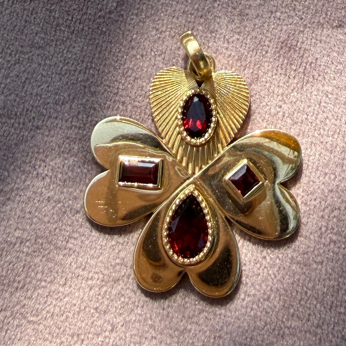 FoundRae Large Four Heart Clover Medallion with Garnet, One-of-a-Kind Discovery Drawer Piece