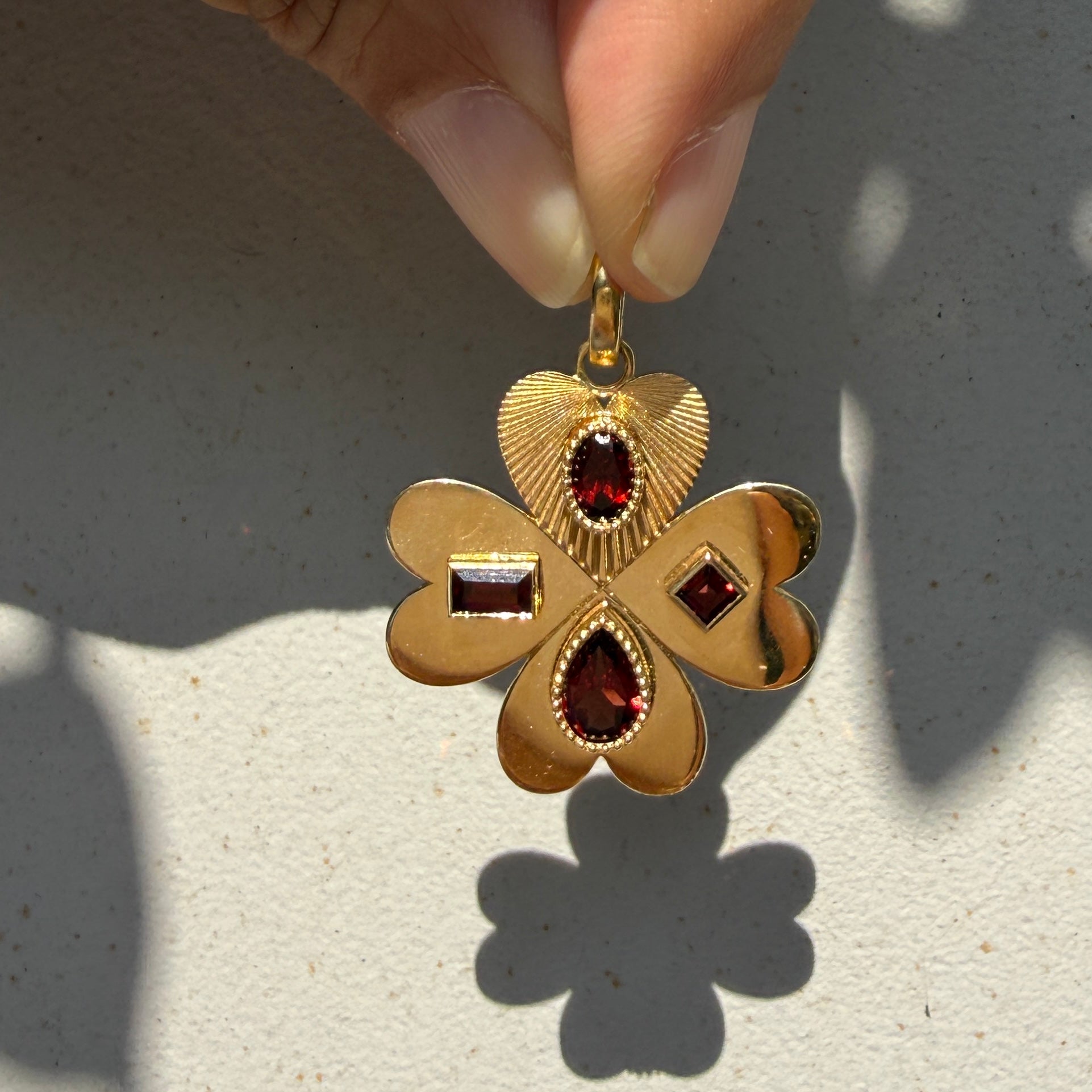 FoundRae Large Four Heart Clover Medallion with Garnet, One-of-a-Kind Discovery Drawer Piece