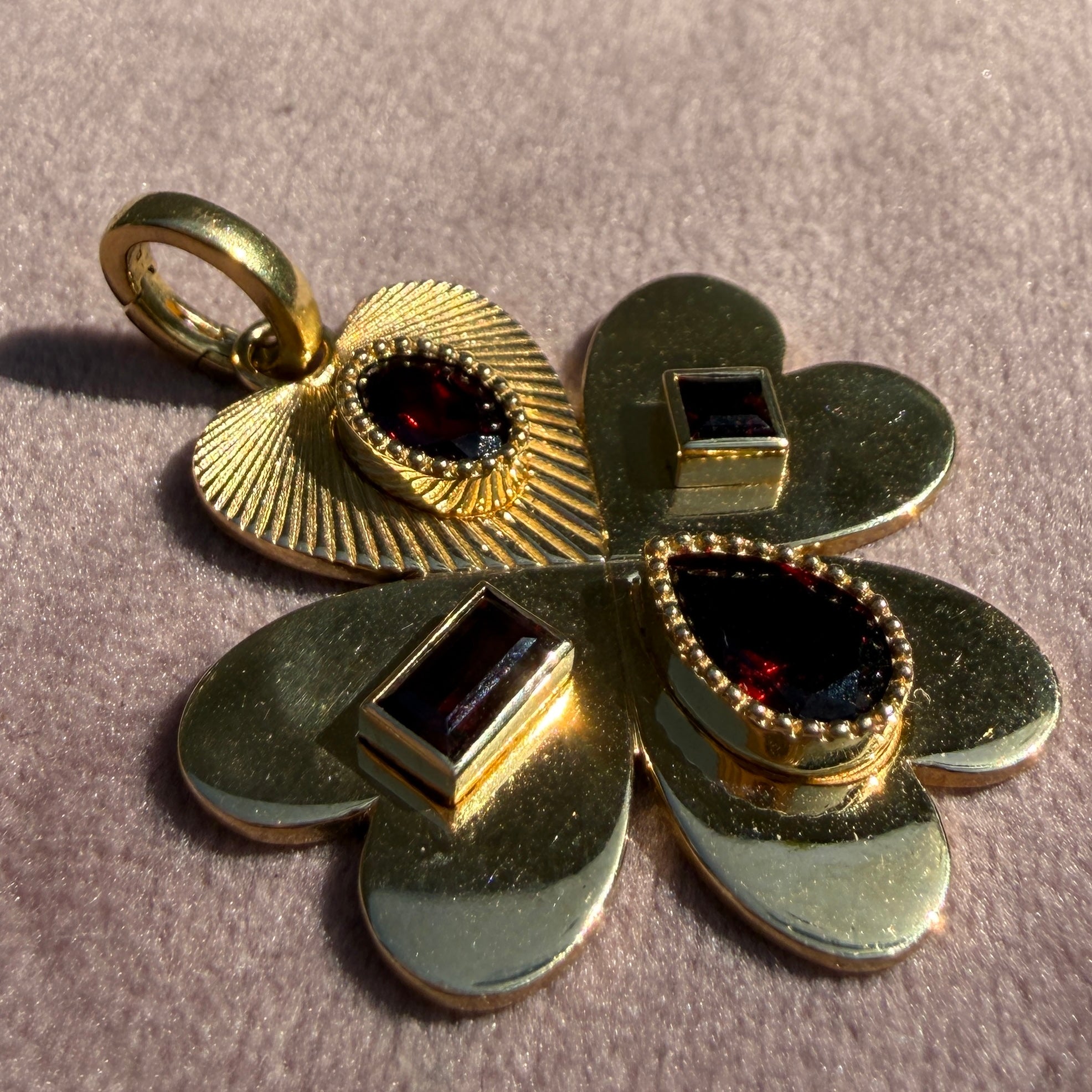 FoundRae Large Four Heart Clover Medallion with Garnet, One-of-a-Kind Discovery Drawer Piece
