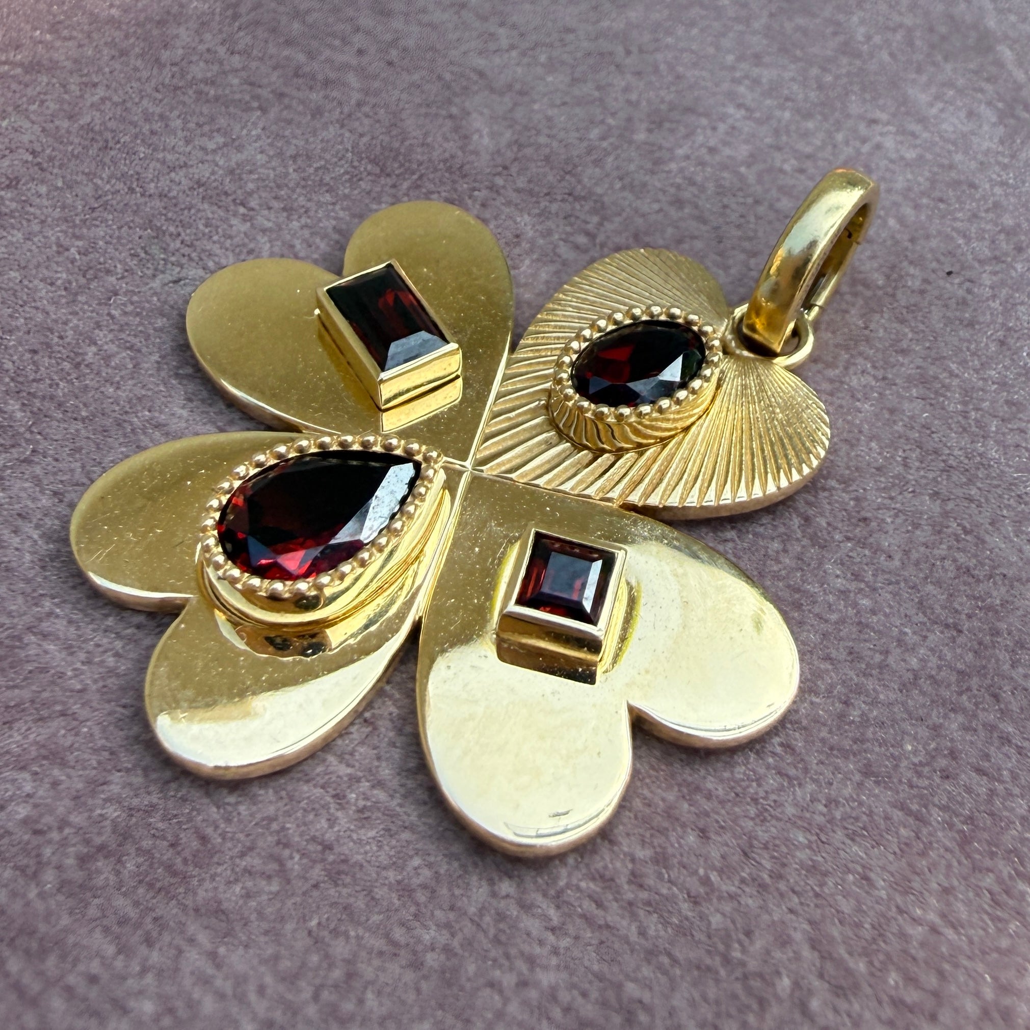 FoundRae Large Four Heart Clover Medallion with Garnet, One-of-a-Kind Discovery Drawer Piece