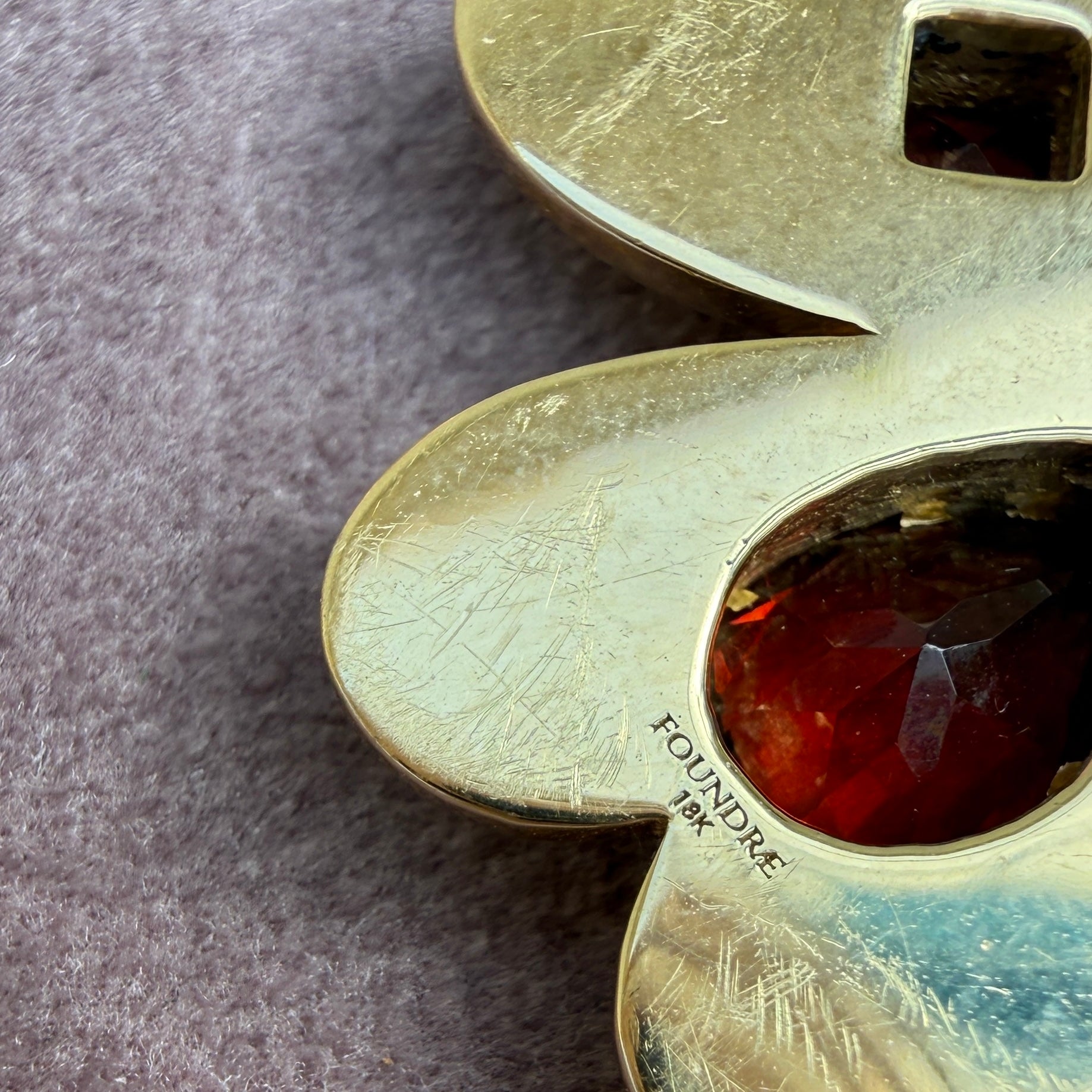 FoundRae Large Four Heart Clover Medallion with Garnet, One-of-a-Kind Discovery Drawer Piece