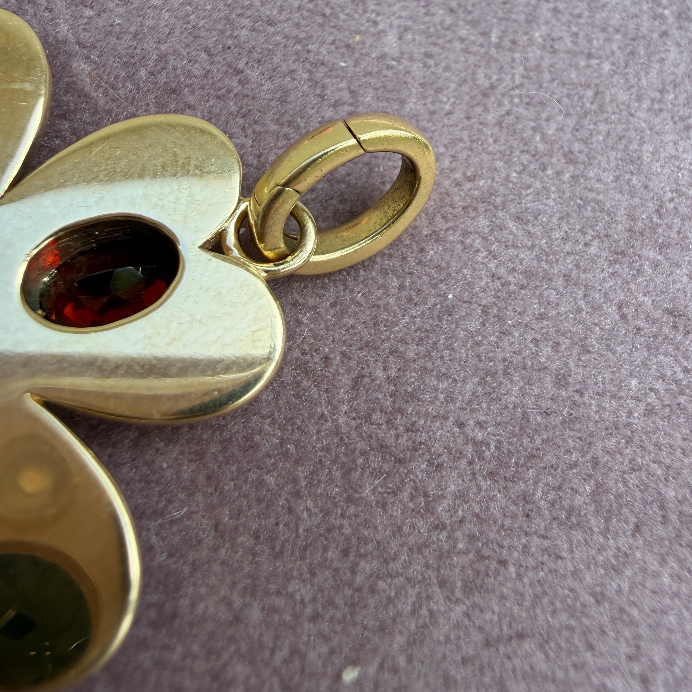 FoundRae Large Four Heart Clover Medallion with Garnet, One-of-a-Kind Discovery Drawer Piece