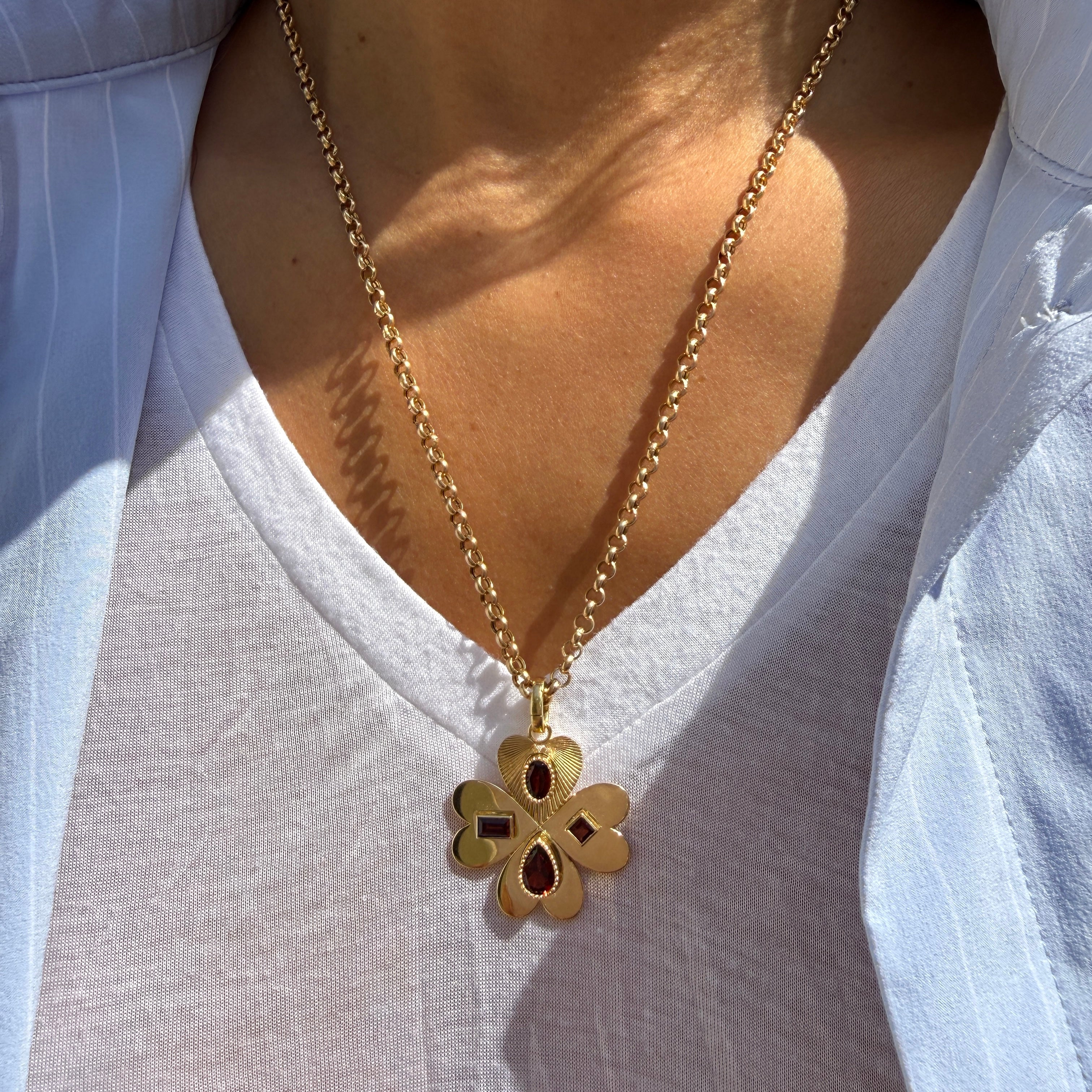 FoundRae Large Four Heart Clover Medallion with Garnet, One-of-a-Kind Discovery Drawer Piece