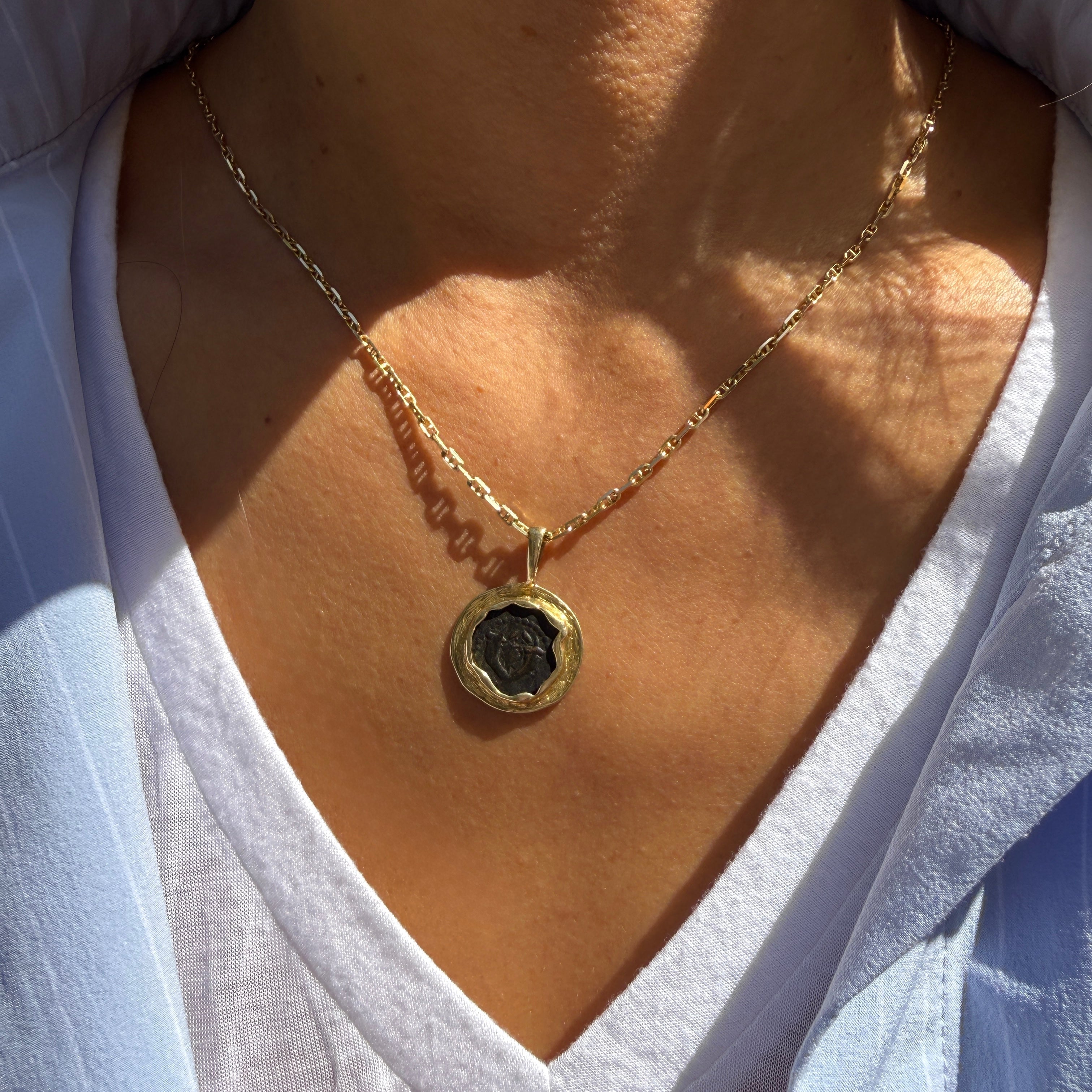 Ancient Judean Widow's Mite Coin Pendant in 14k Yellow Gold Frame