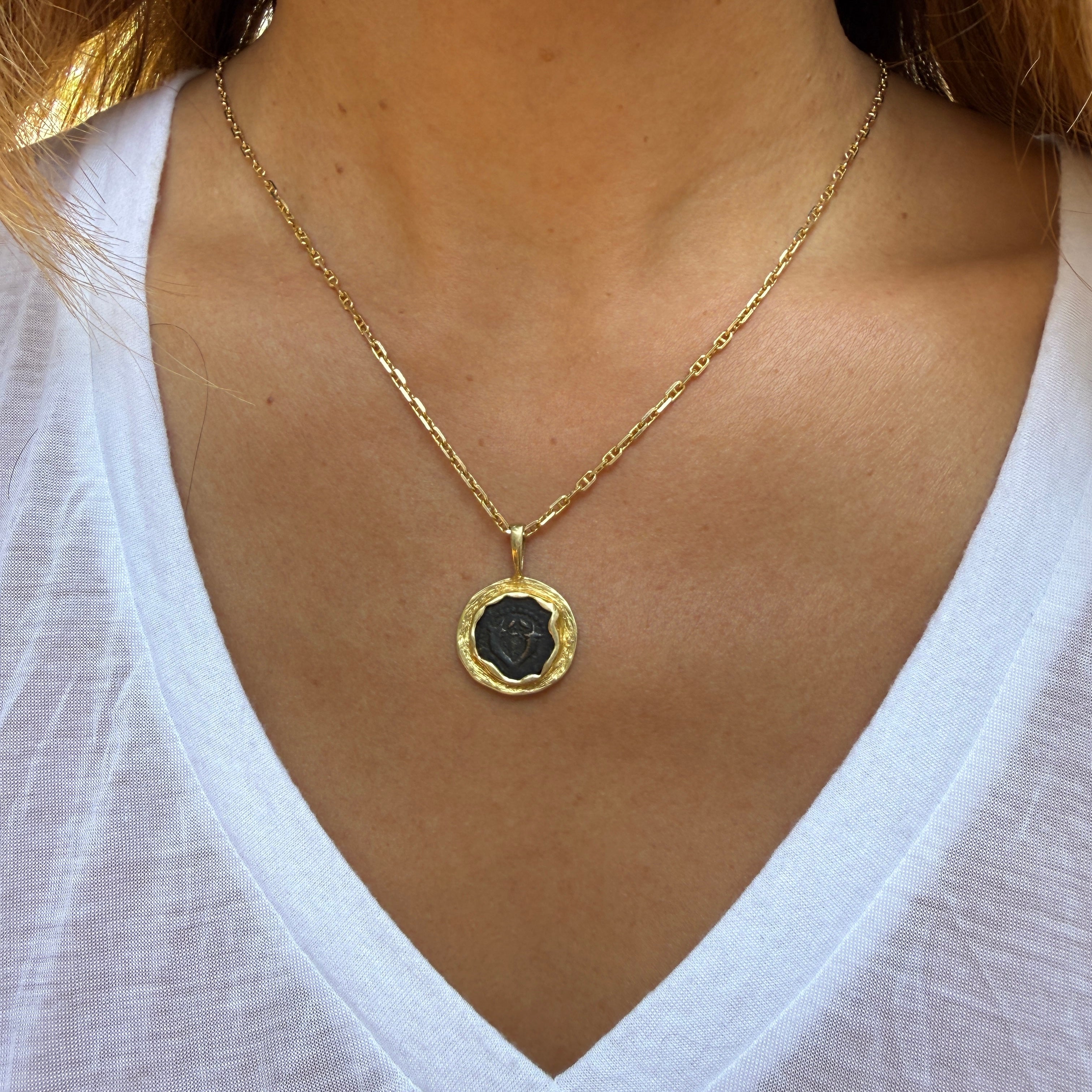 Ancient Judean Widow's Mite Coin Pendant in 14k Yellow Gold Frame
