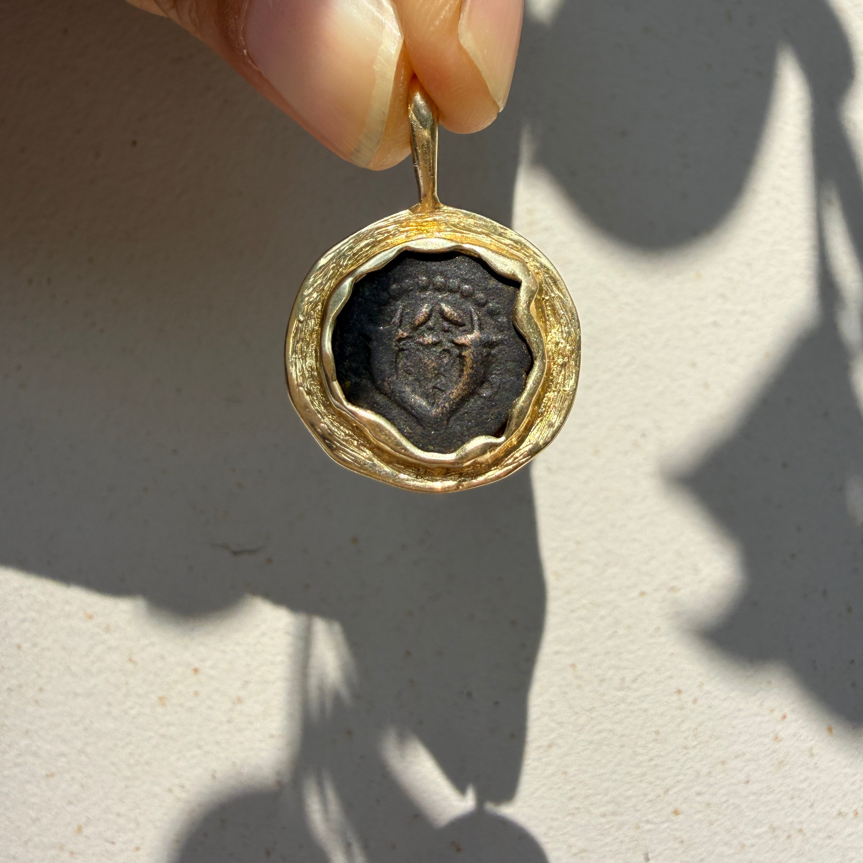 Ancient Judean Widow's Mite Coin Pendant in 14k Yellow Gold Frame