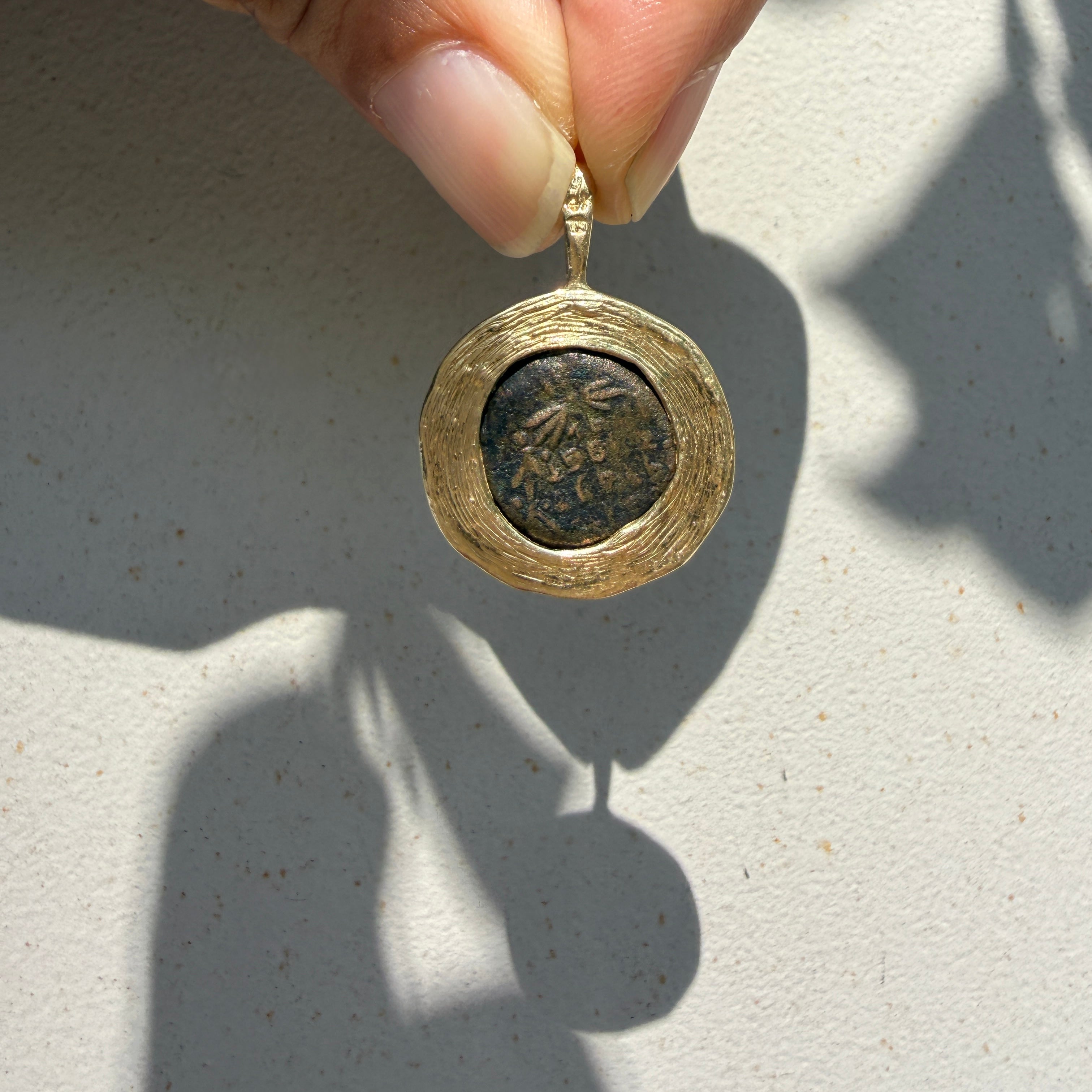 Ancient Judean Widow's Mite Coin Pendant in 14k Yellow Gold Frame