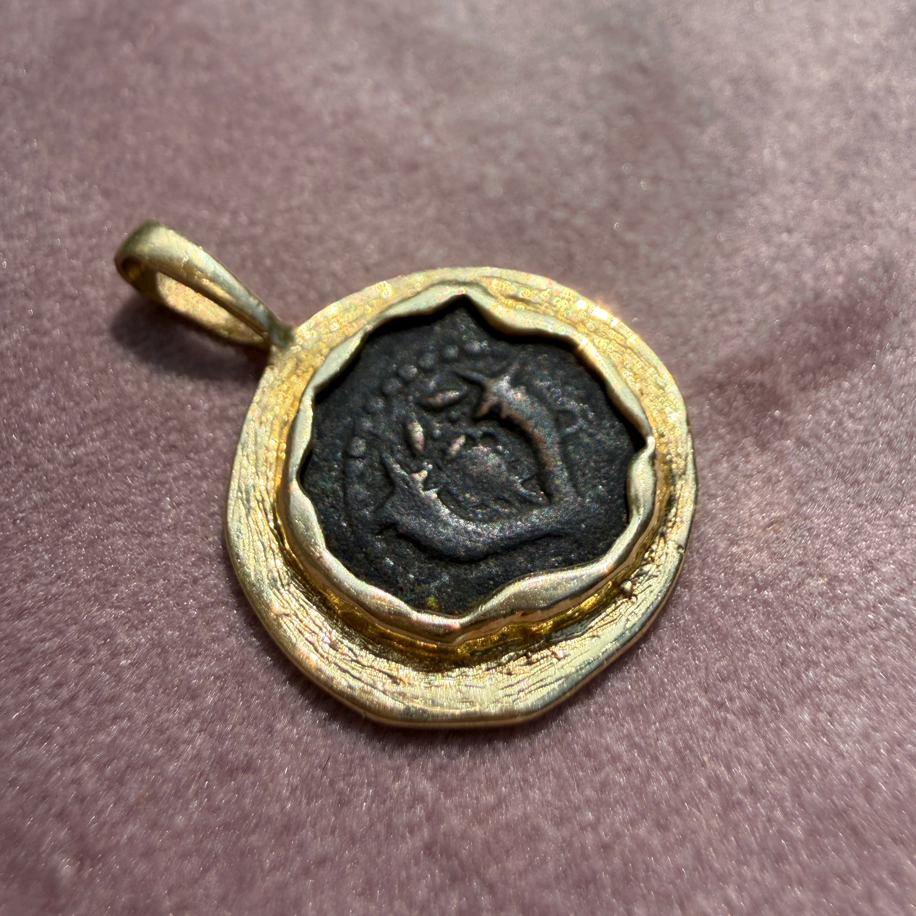 Ancient Judean Widow's Mite Coin Pendant in 14k Yellow Gold Frame