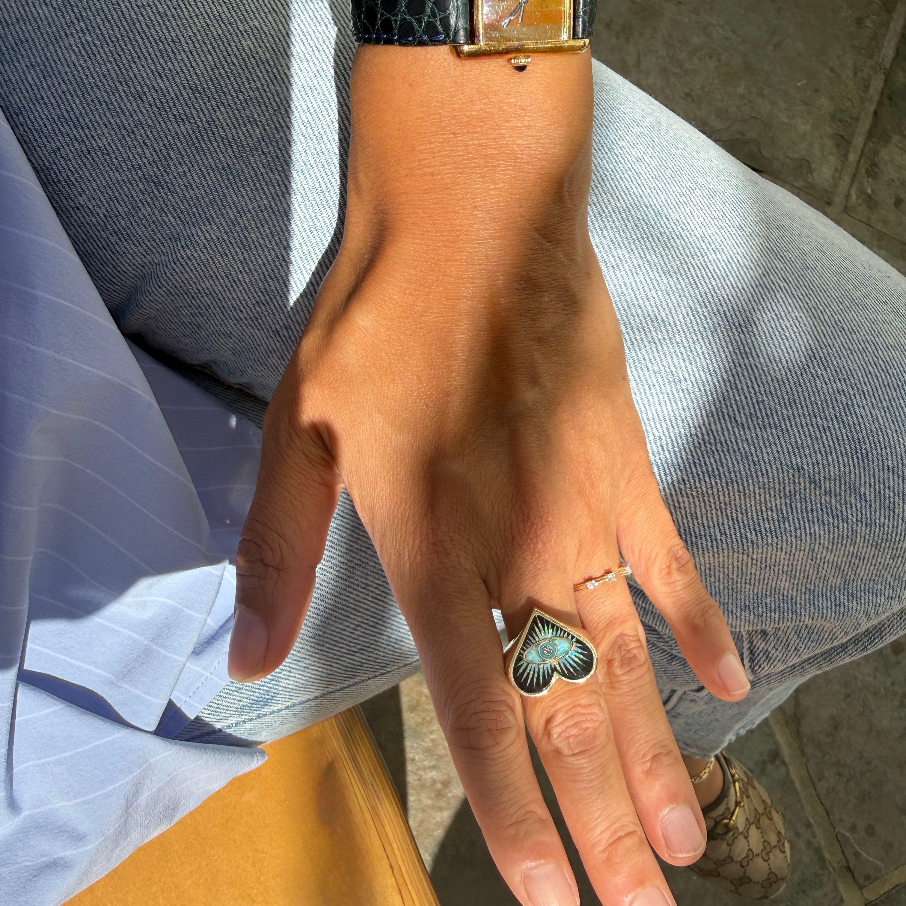 Jacquie Aiche 14k Yellow Gold Onyx Opal Turquoise Eye Burst Heart Ring