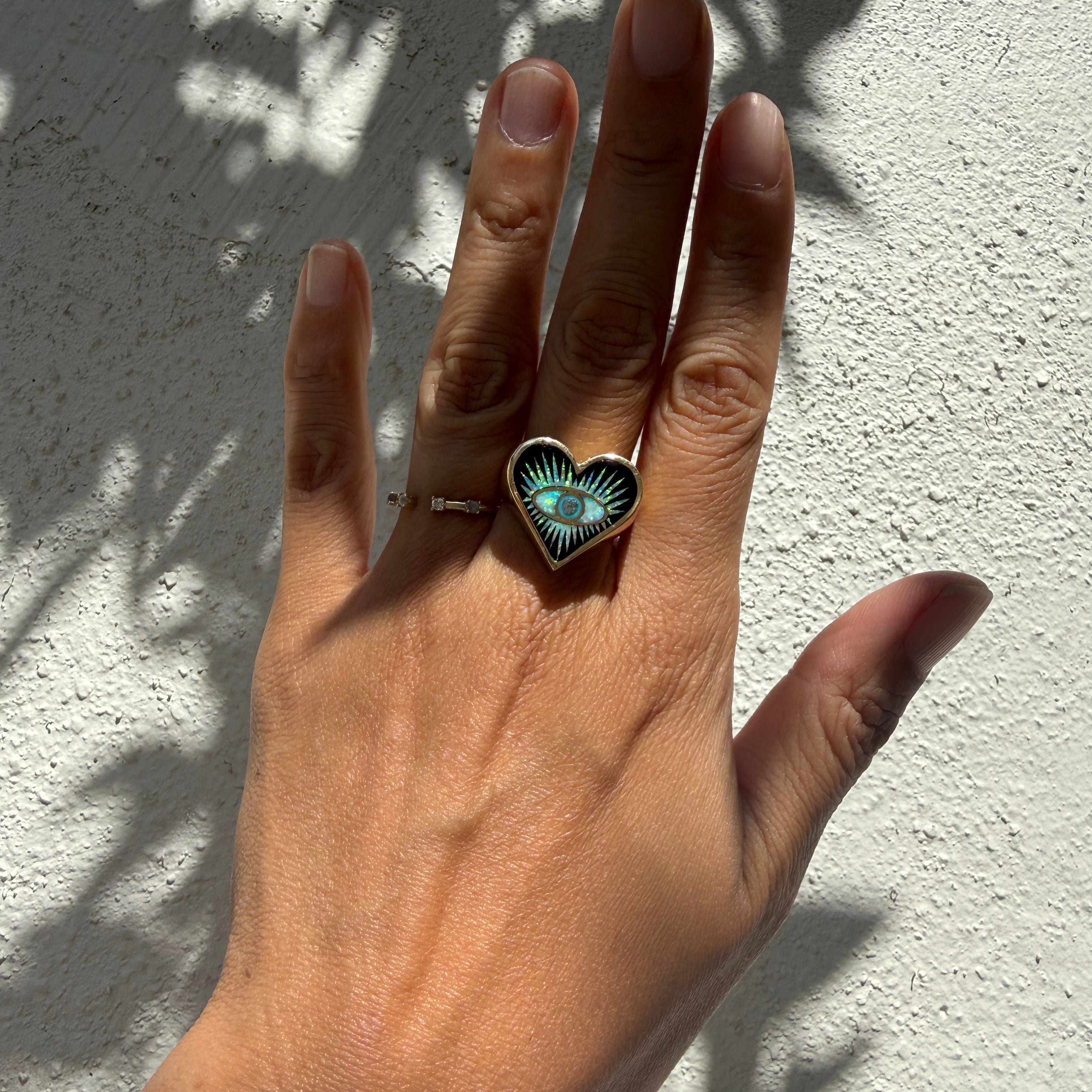 Jacquie Aiche 14k Yellow Gold Onyx Opal Turquoise Eye Burst Heart Ring