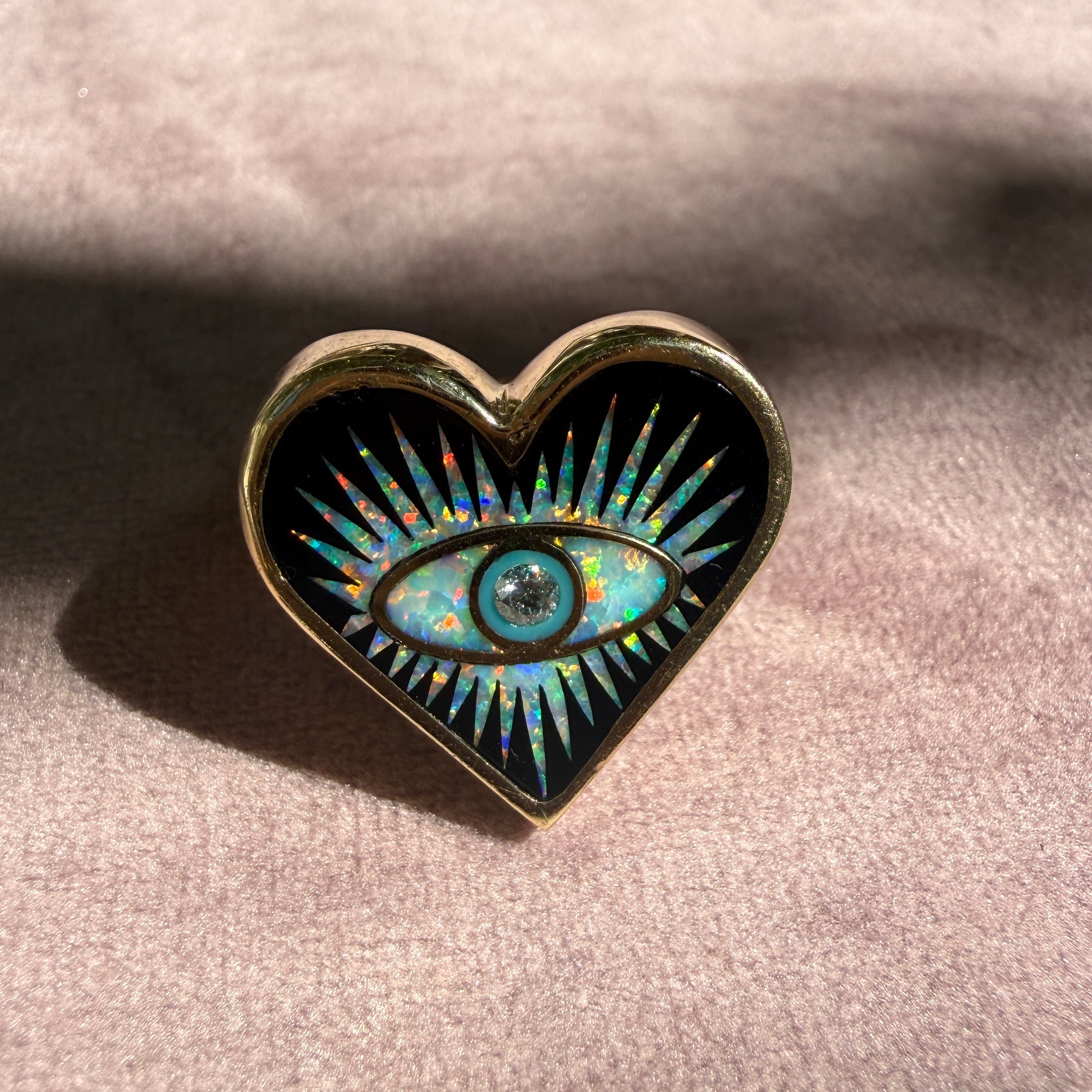 Jacquie Aiche 14k Yellow Gold Onyx Opal Turquoise Eye Burst Heart Ring