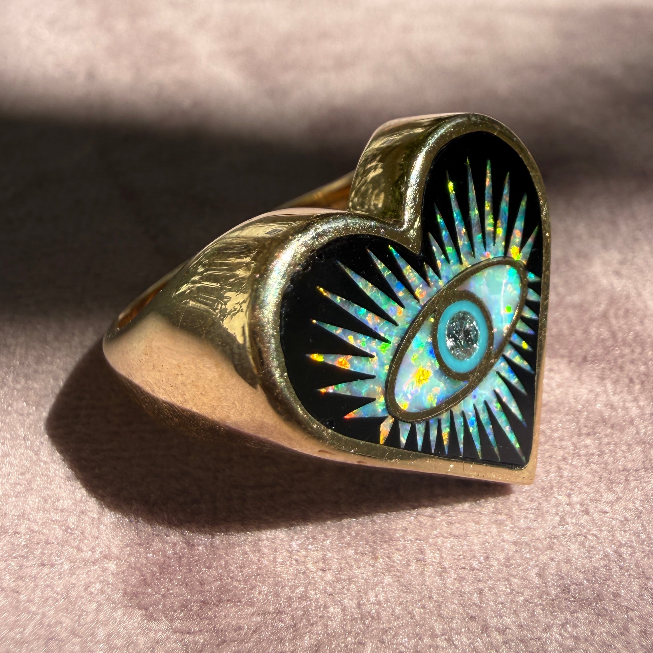 Jacquie Aiche 14k Yellow Gold Onyx Opal Turquoise Eye Burst Heart Ring