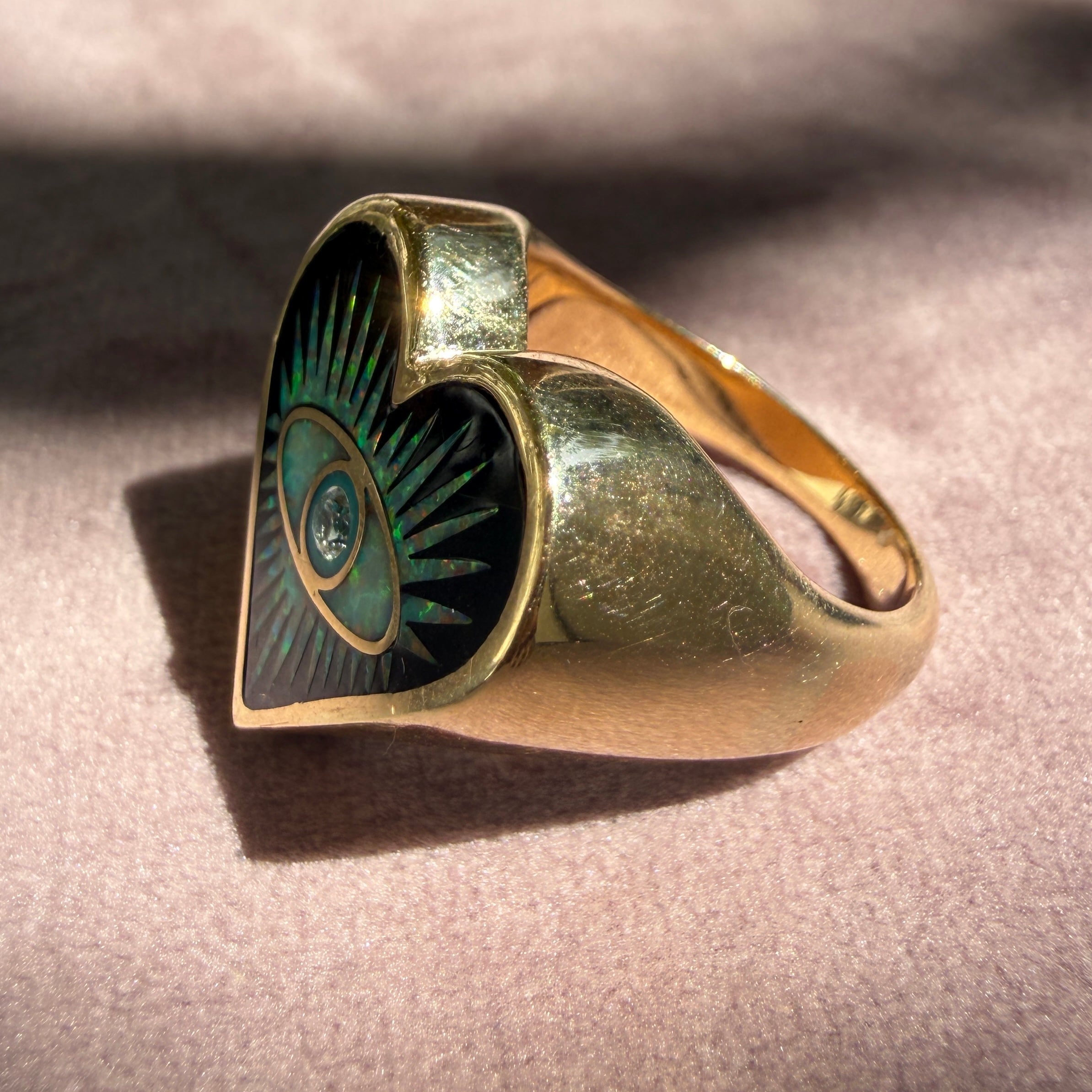 Jacquie Aiche 14k Yellow Gold Onyx Opal Turquoise Eye Burst Heart Ring