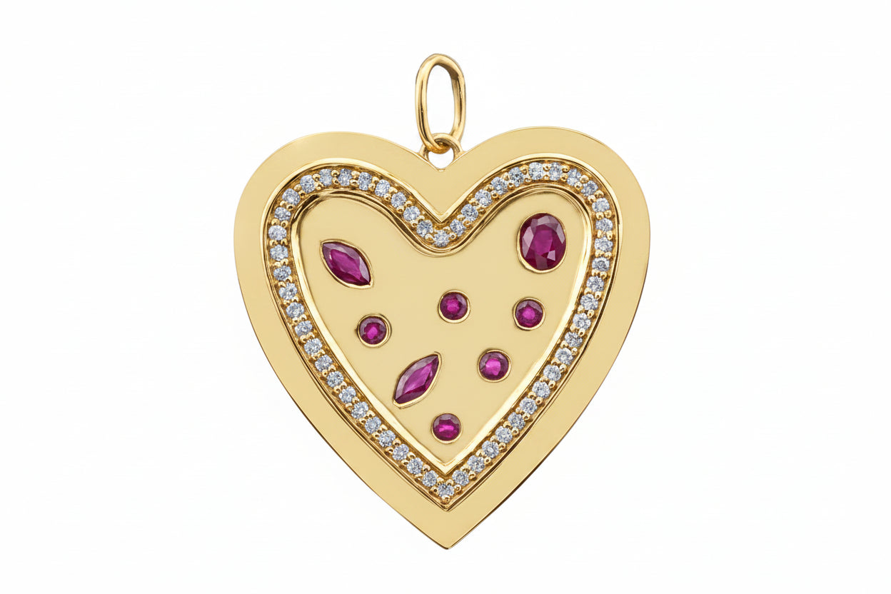 14k Yellow Gold Ruby and Diamond Heartburst Pendant