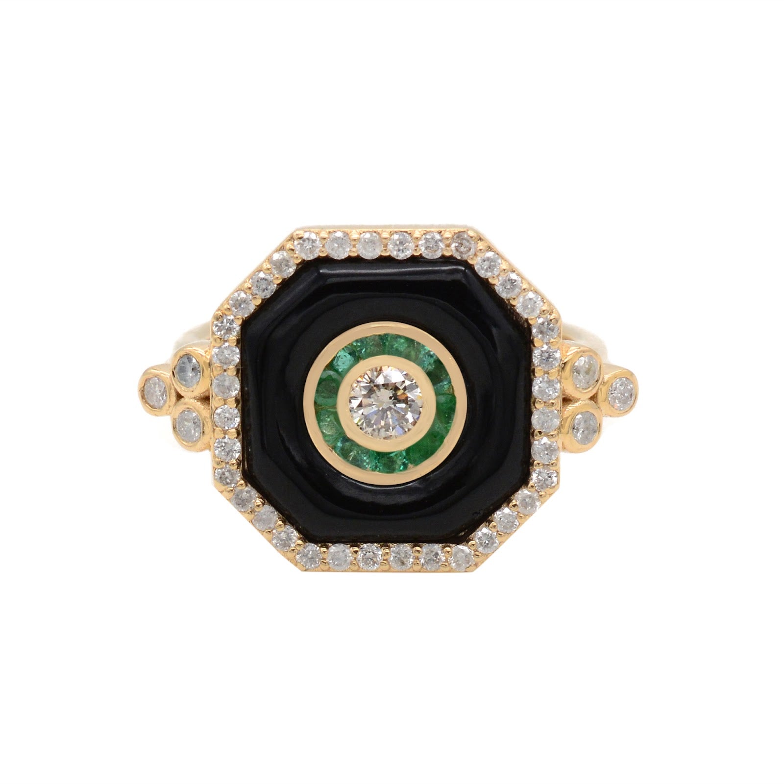 14k Yellow Gold Black Enamel, Emerald and Diamond Octagon Ring