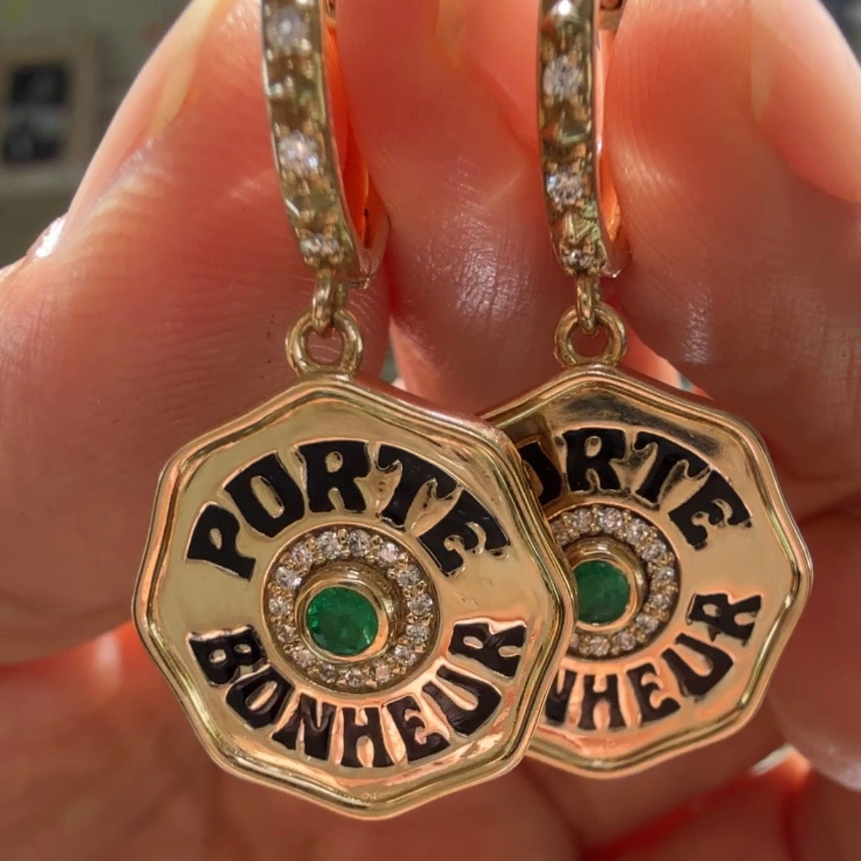 Marlo Laz Porte Bonheur Emerald & Enamel Coin Earrings in 14k Yellow Gold