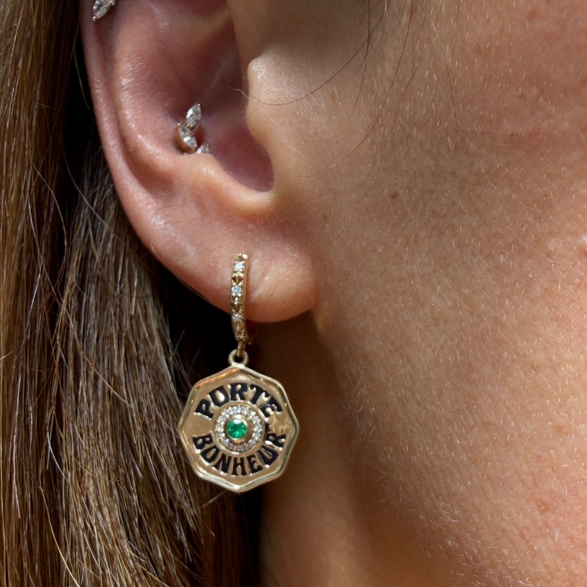 Marlo Laz Porte Bonheur Emerald & Enamel Coin Earrings in 14k Yellow Gold