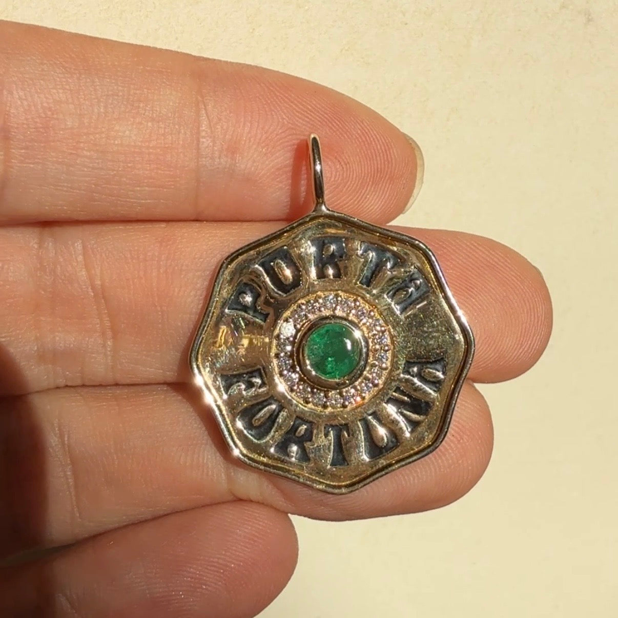 Marlo Laz Large Emerald & Diamond Porta Fortuna Charm in 14k Yellow Gold