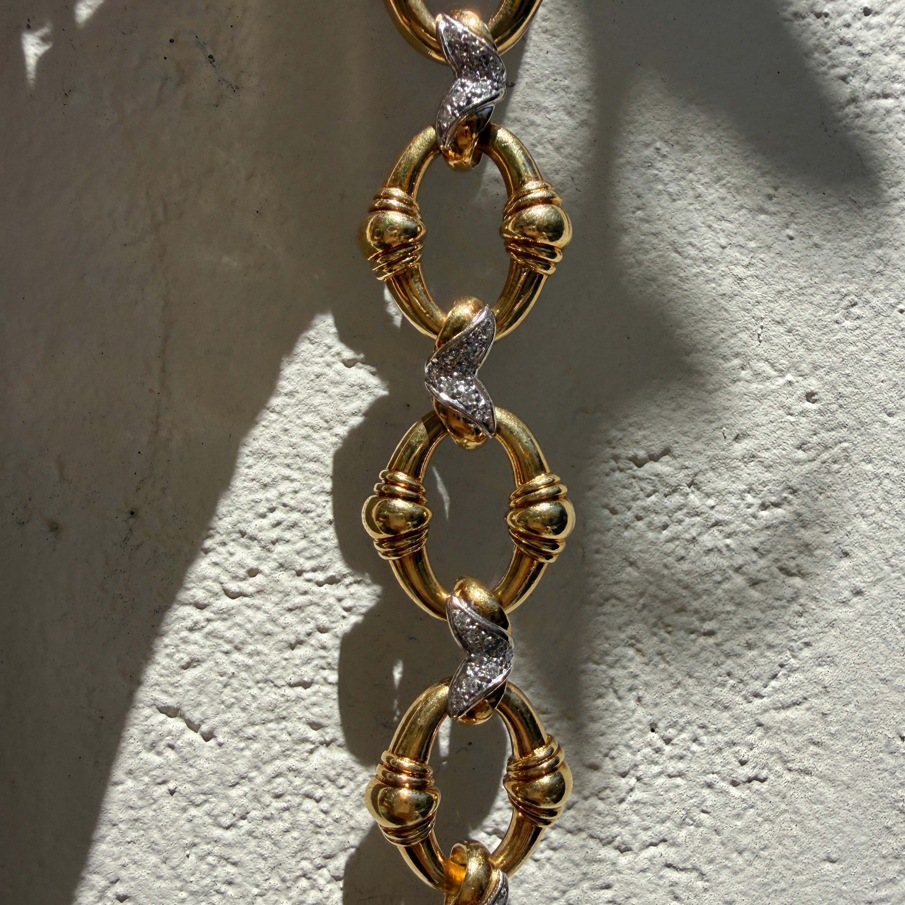 Vintage 18k Two-Tone Gold Large Oval Link Multi Pavé Chain Bracelet
