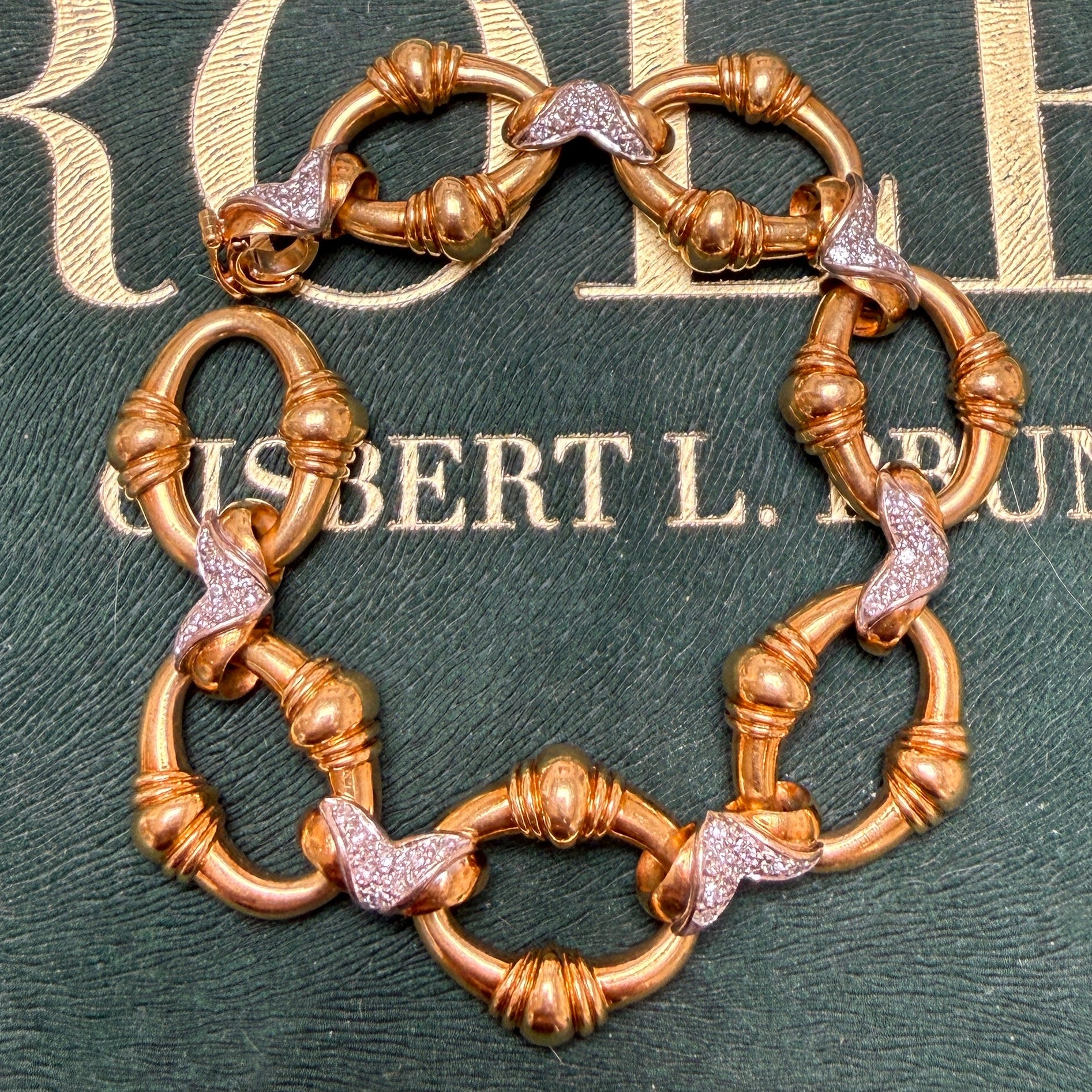 Vintage 18k Two-Tone Gold Large Oval Link Multi Pavé Chain Bracelet