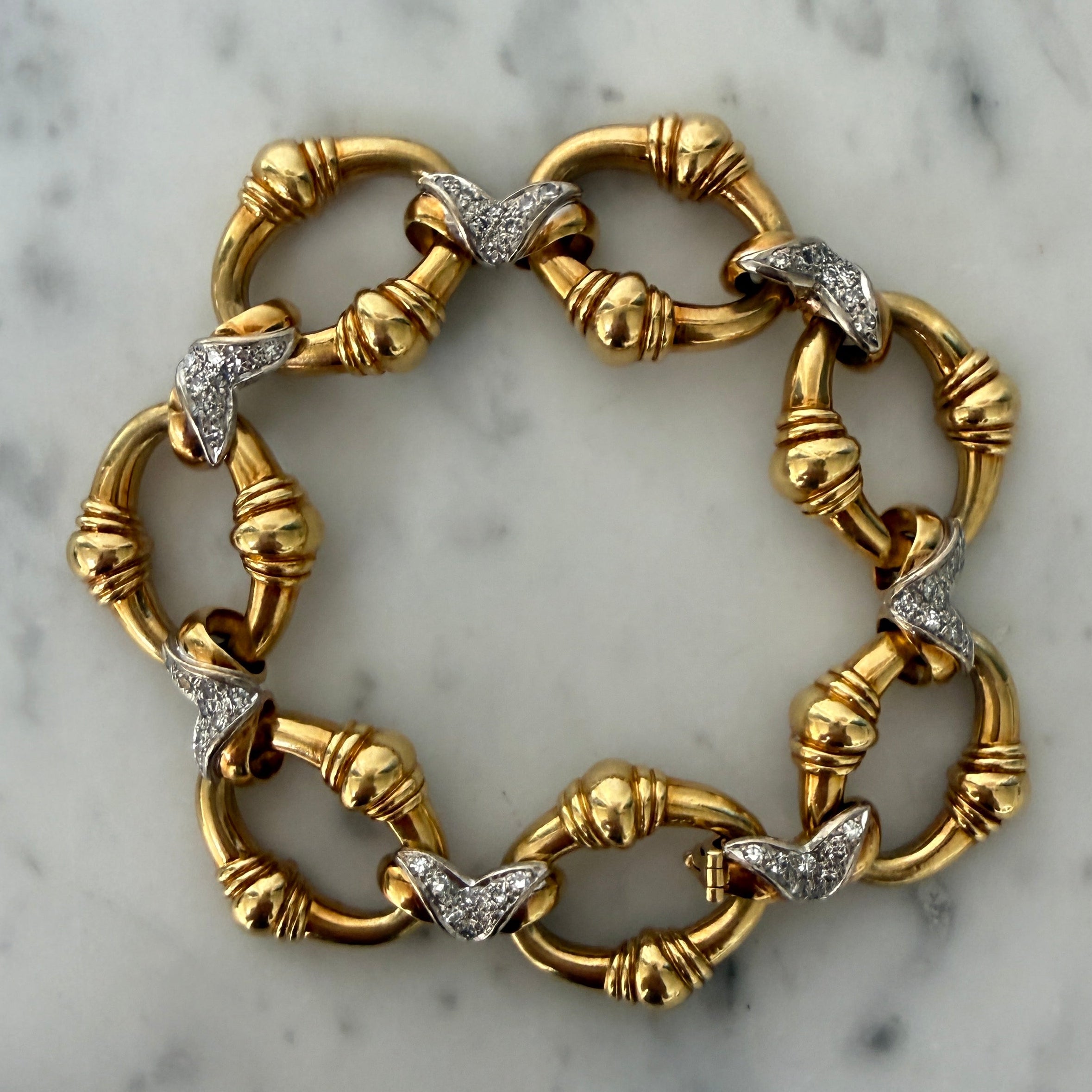 Vintage 18k Two-Tone Gold Large Oval Link Multi Pavé Chain Bracelet