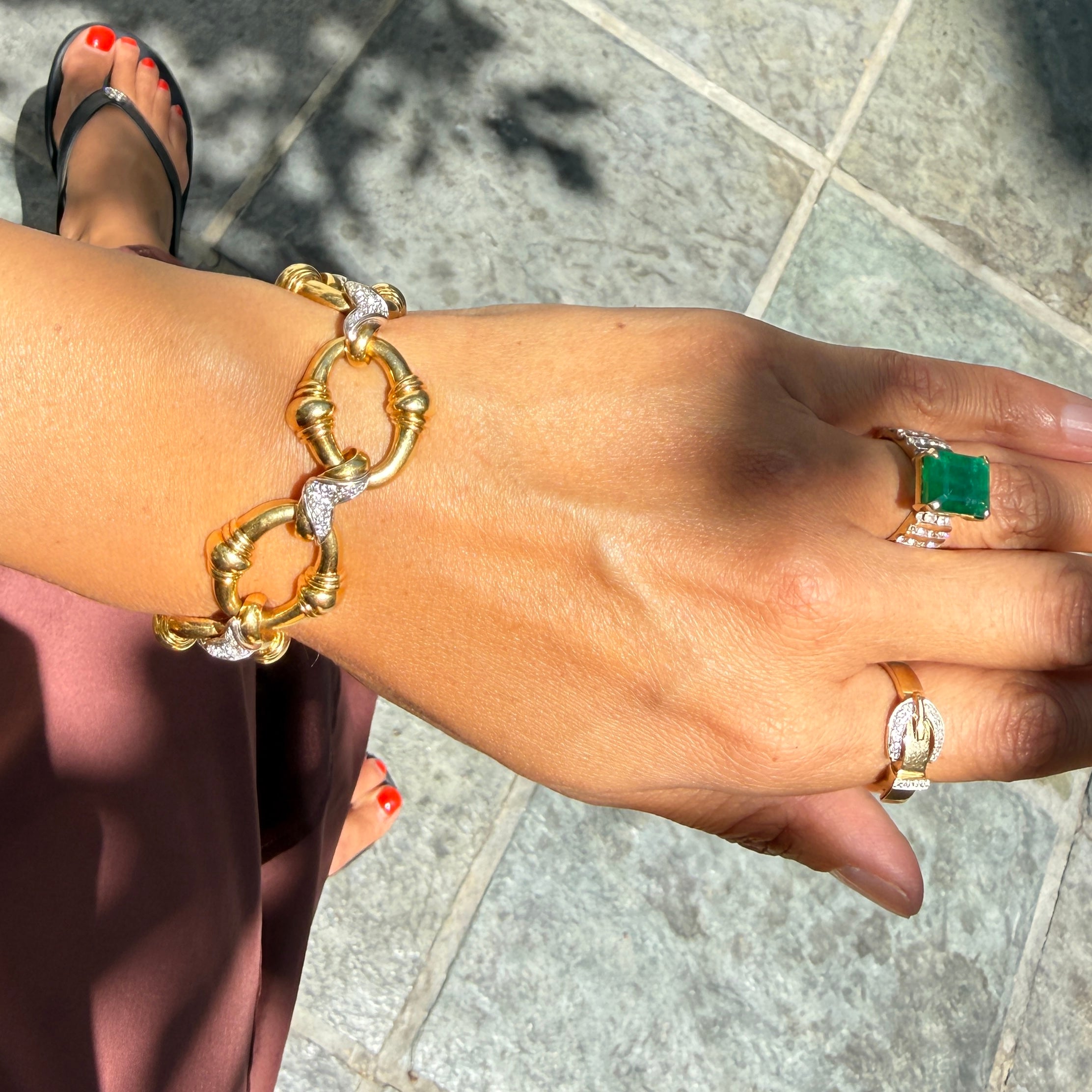 Vintage 18k Two-Tone Gold Large Oval Link Multi Pavé Chain Bracelet
