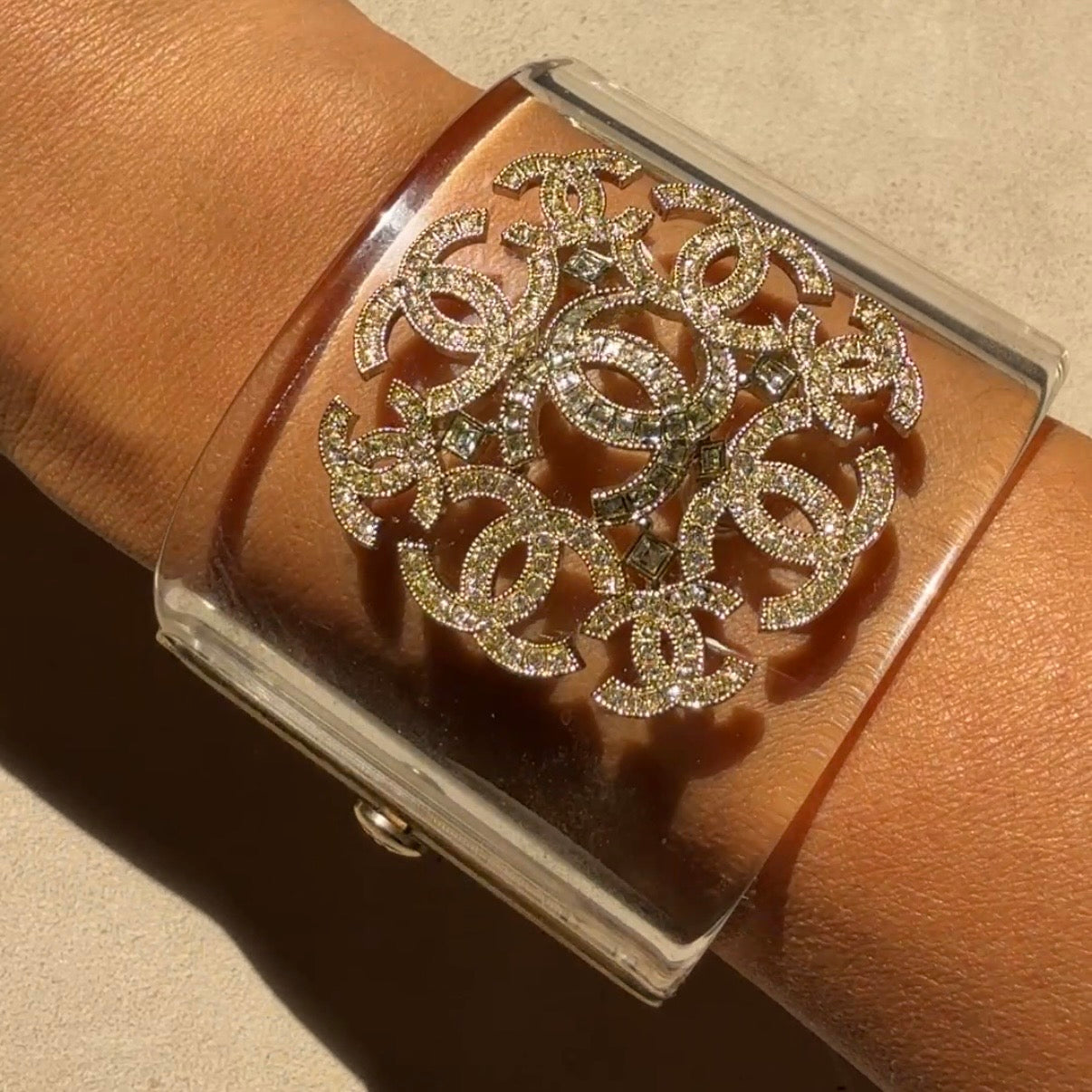 Chanel Lucite Coco Mark Crystal Cuff Bracelet