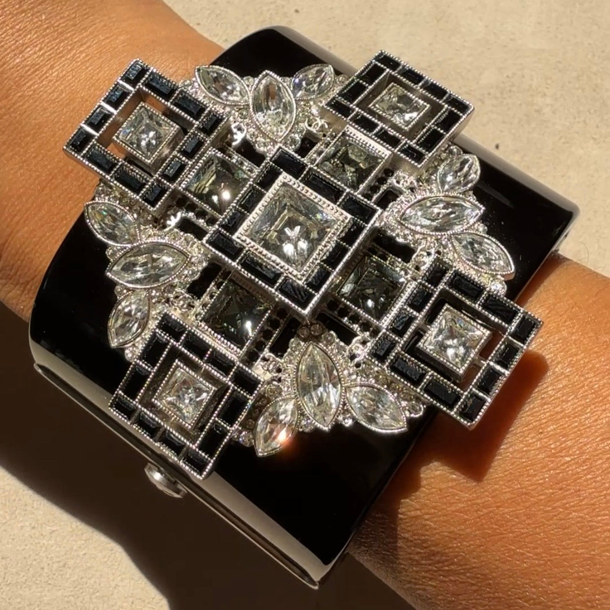 Chanel Black Resin & Crystal Art Deco Cross Hinged Cuff Bracelet