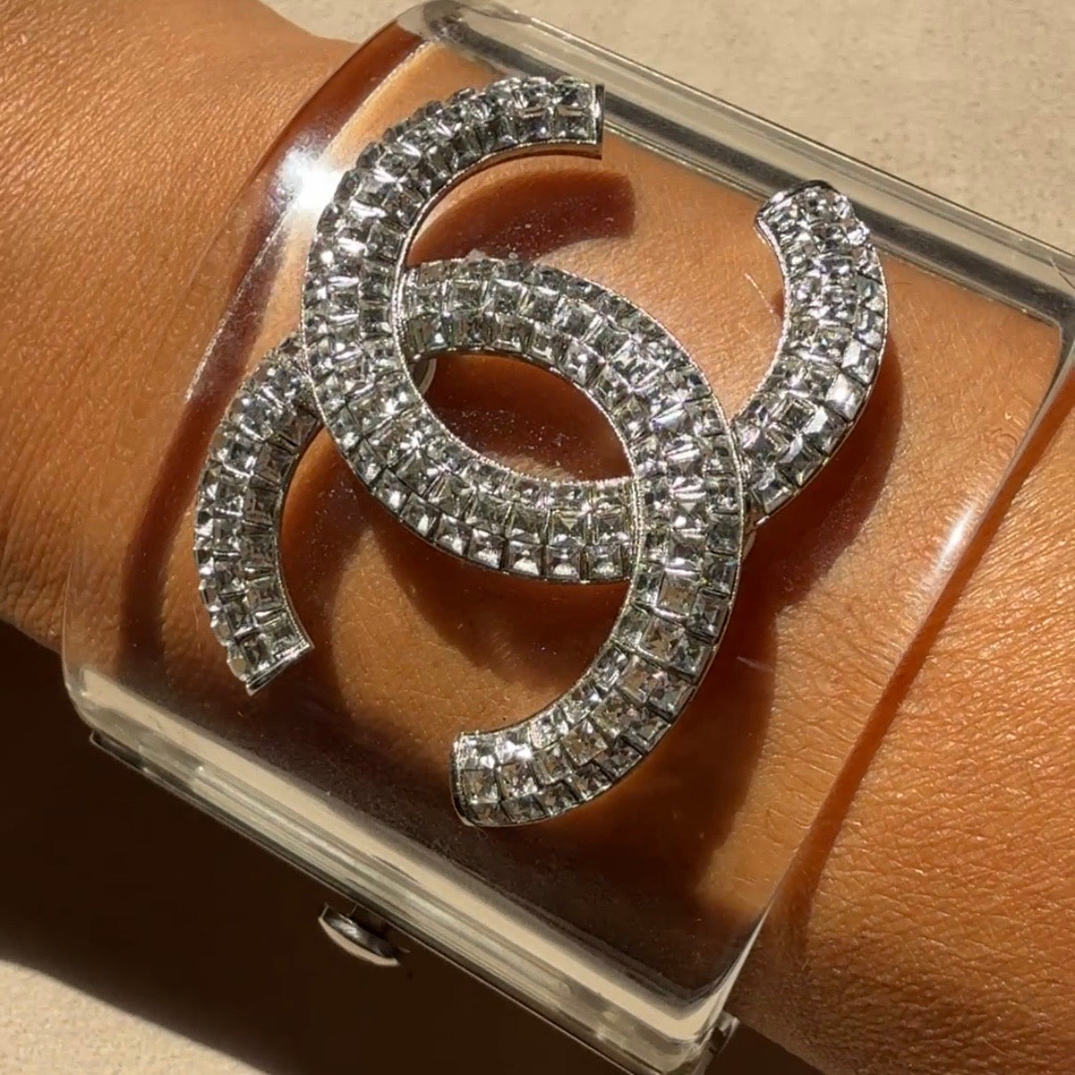 Chanel CC Crystal Studded Clear Lucite Hinged Wide Cuff Bracelet