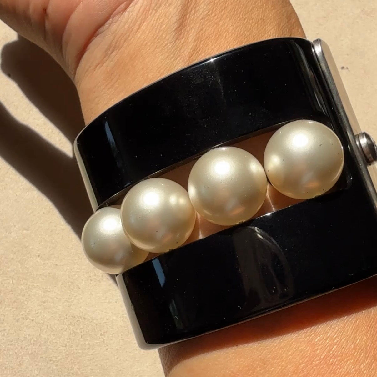 Chanel CC Faux Pearl Black Resin Wide Cuff Bracelet, 2015 Collection