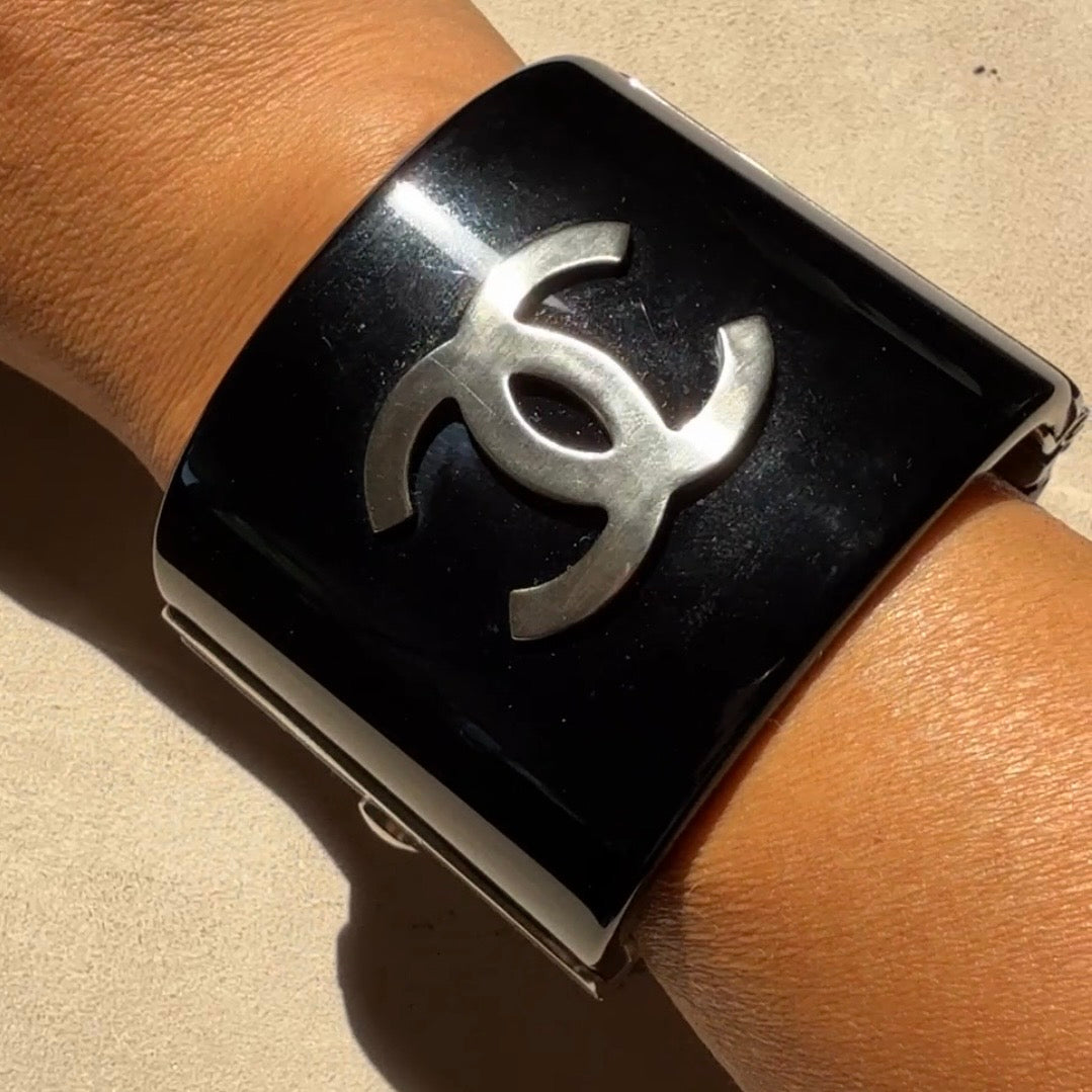 Chanel CC Faux Pearl Black Resin Wide Cuff Bracelet, 2015 Collection