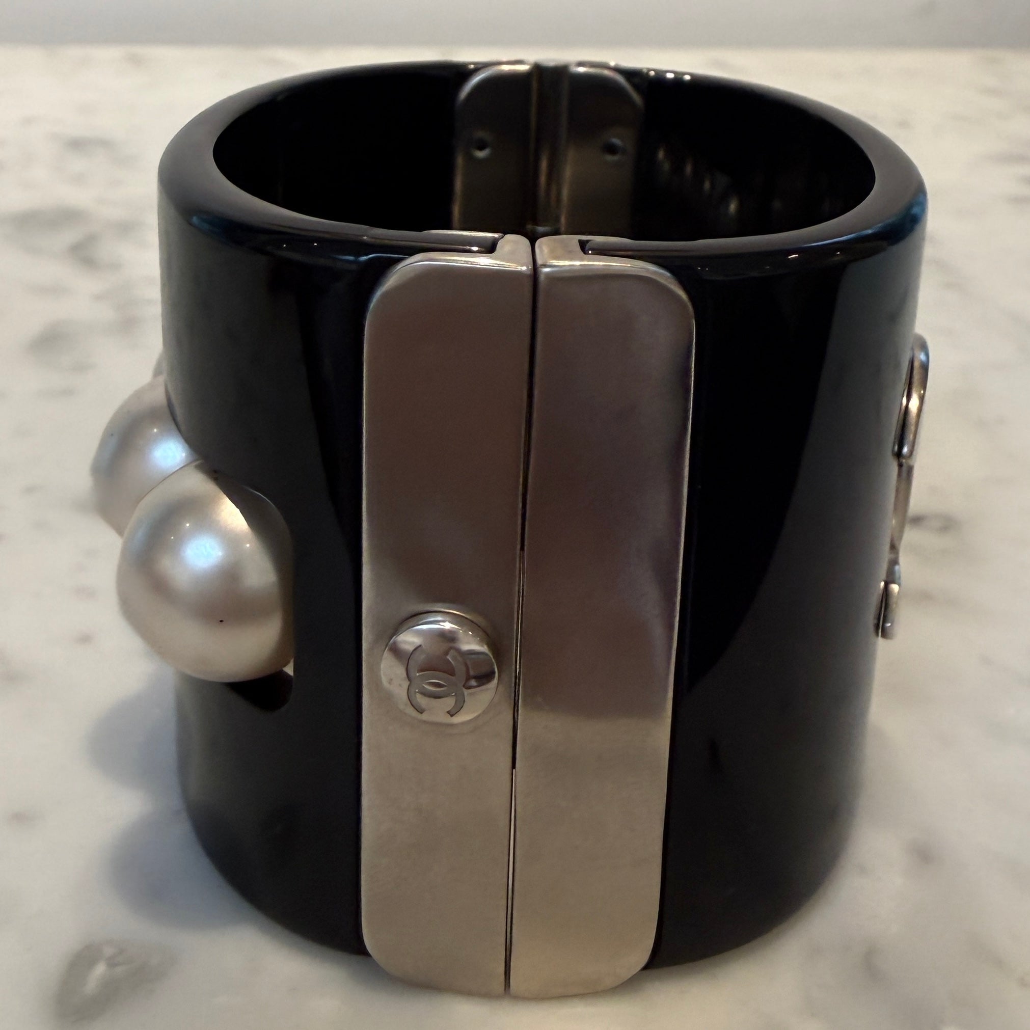 Chanel CC Faux Pearl Black Resin Wide Cuff Bracelet, 2015 Collection