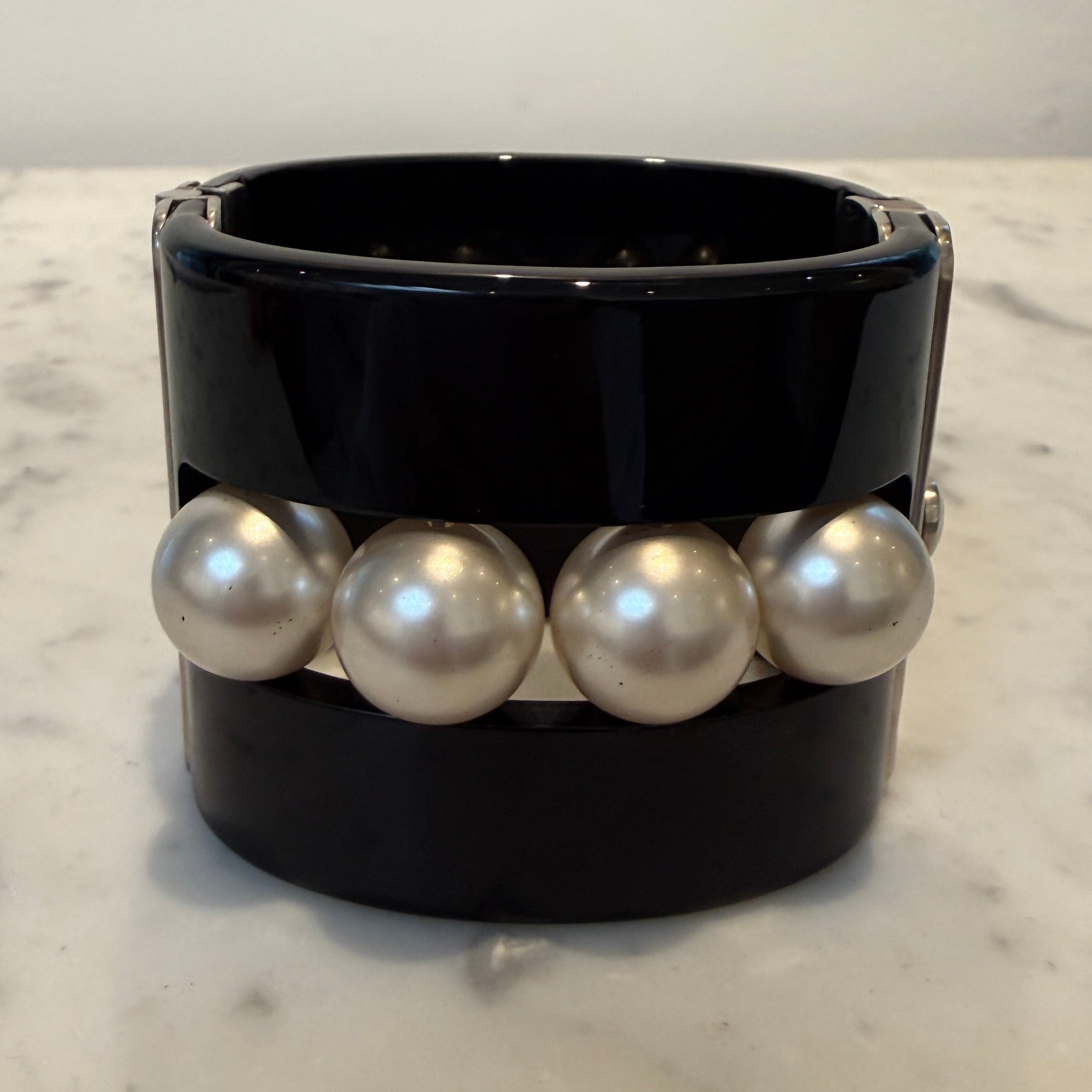 Chanel CC Faux Pearl Black Resin Wide Cuff Bracelet, 2015 Collection