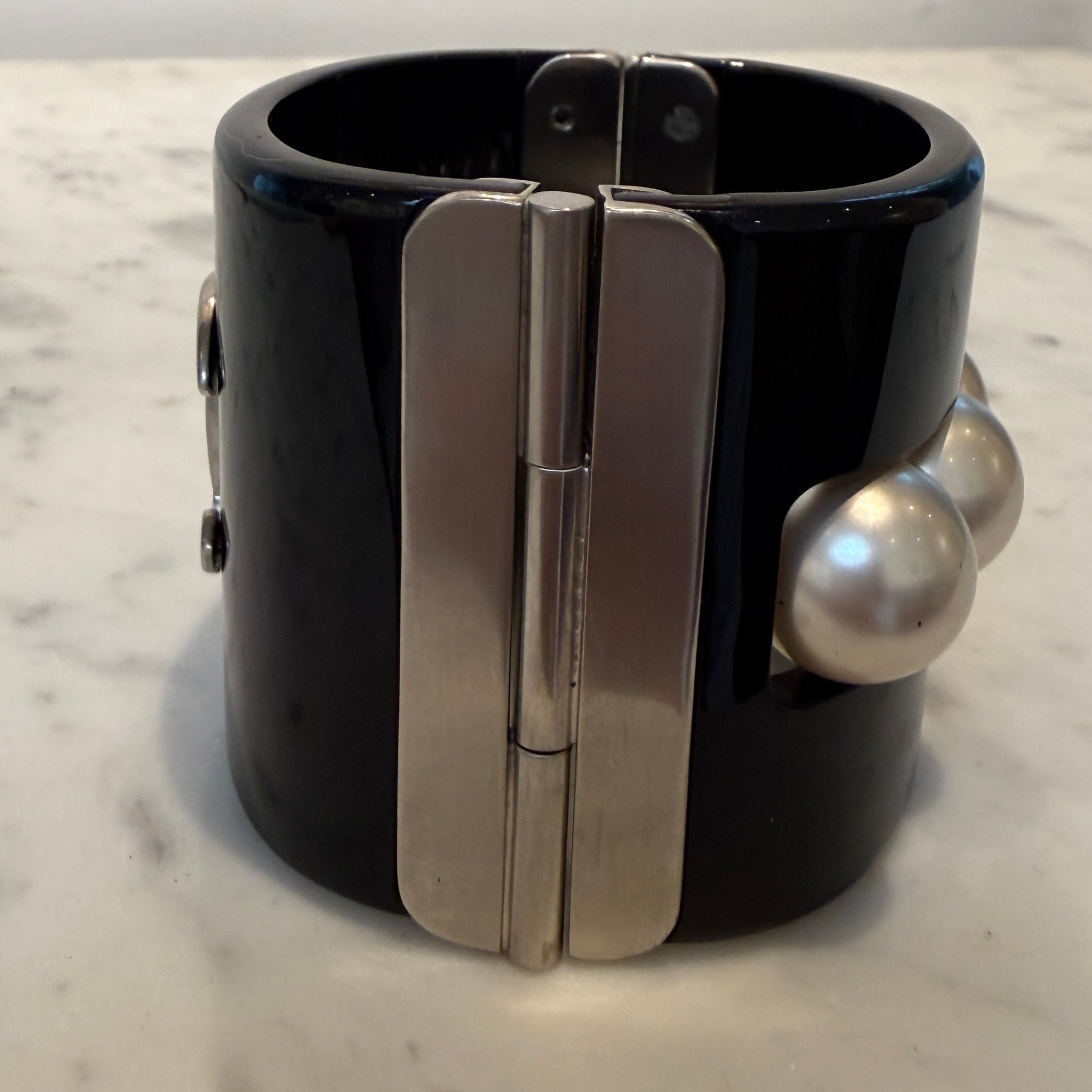 Chanel CC Faux Pearl Black Resin Wide Cuff Bracelet, 2015 Collection