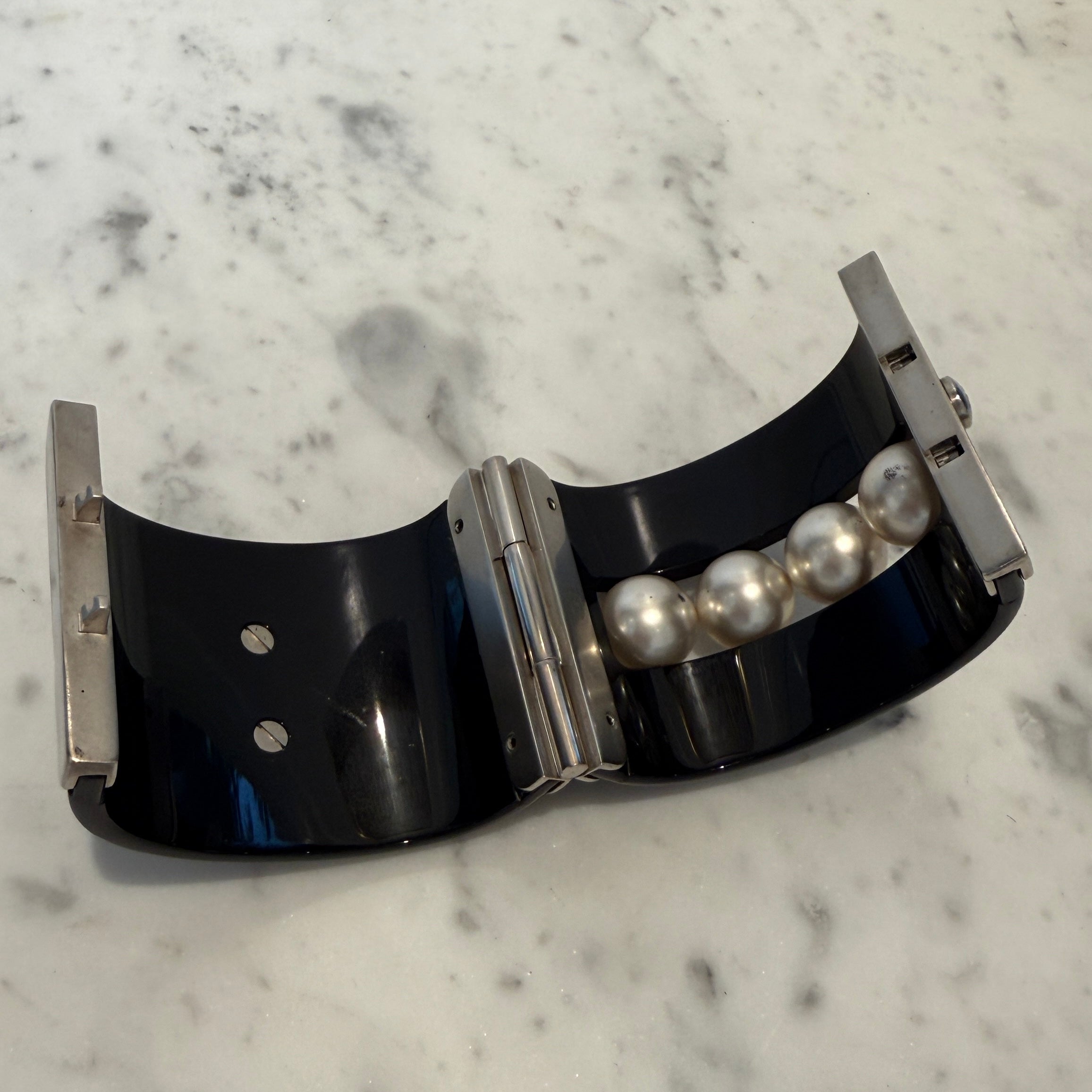Chanel CC Faux Pearl Black Resin Wide Cuff Bracelet, 2015 Collection