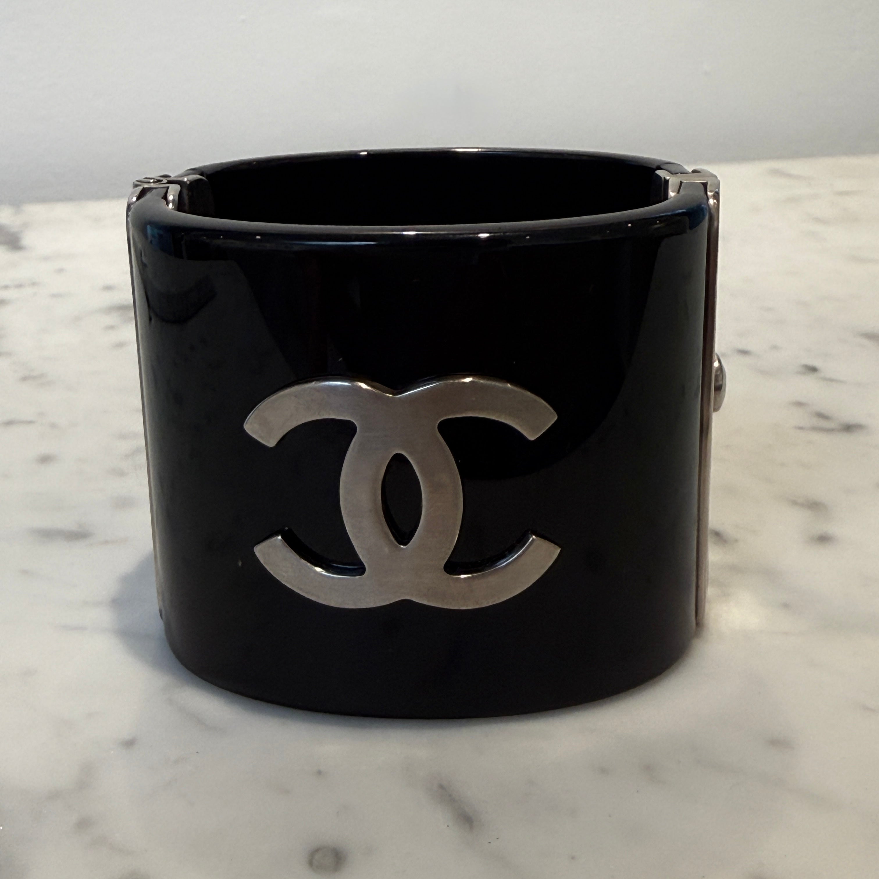 Chanel CC Faux Pearl Black Resin Wide Cuff Bracelet, 2015 Collection