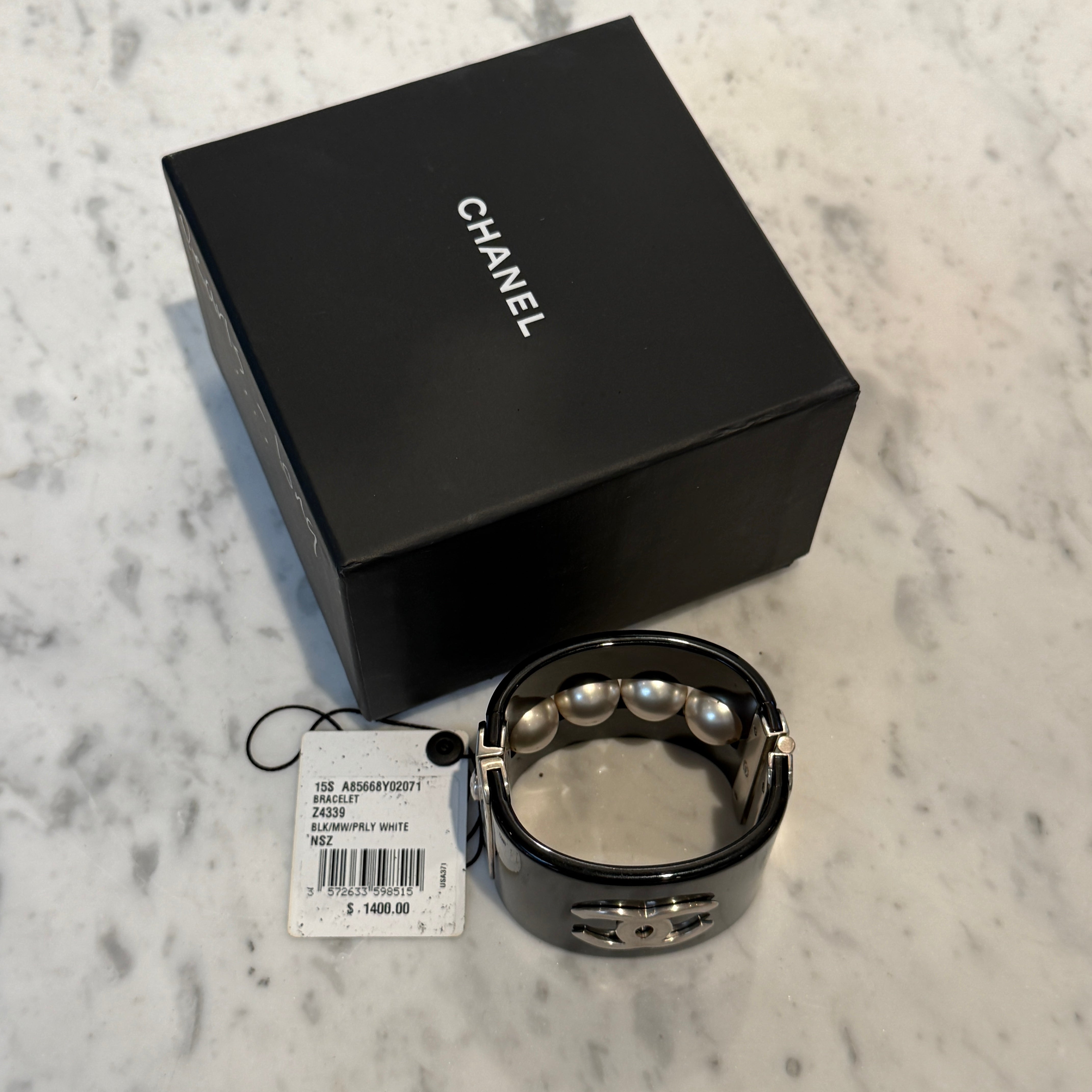 Chanel CC Faux Pearl Black Resin Wide Cuff Bracelet, 2015 Collection