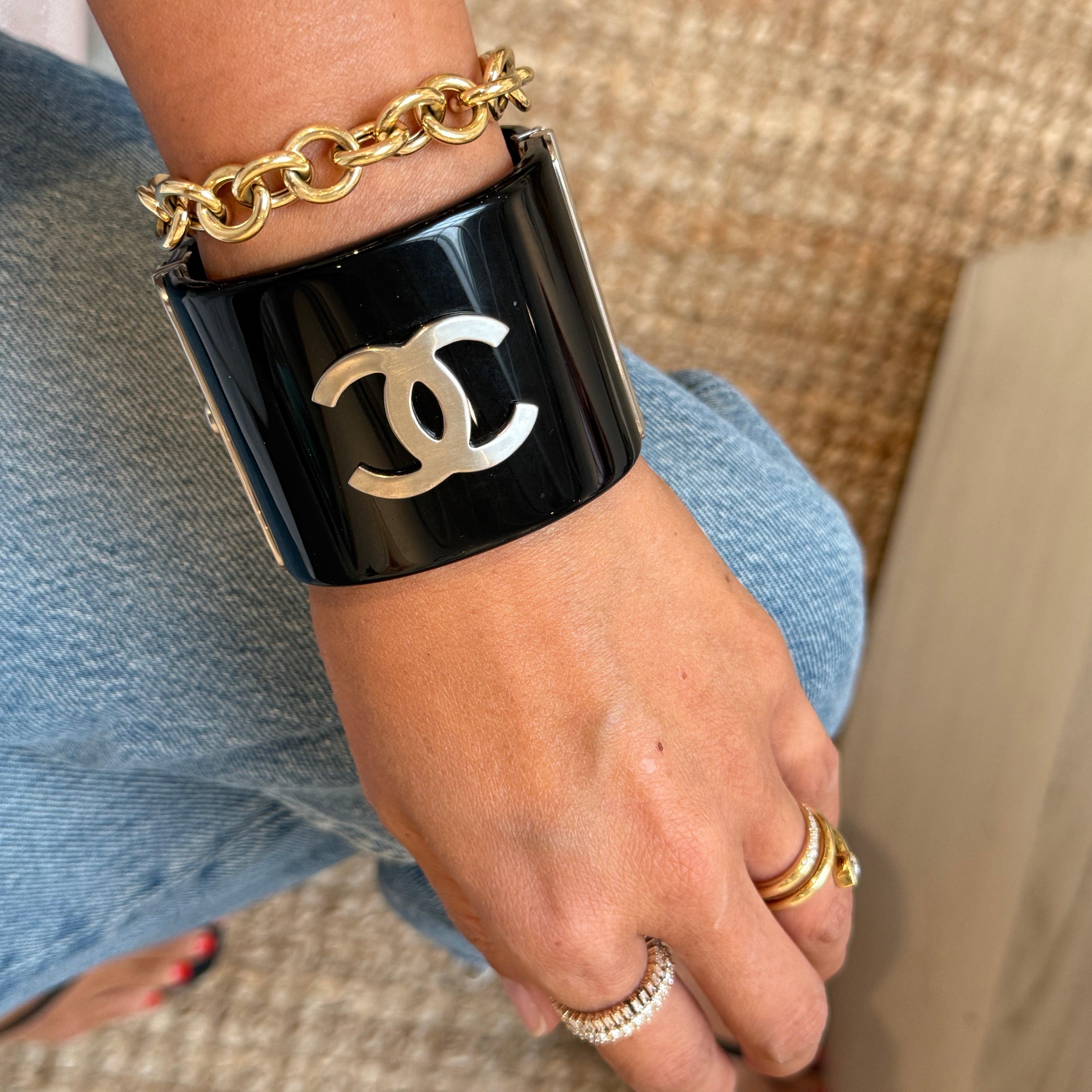 Chanel CC Faux Pearl Black Resin Wide Cuff Bracelet, 2015 Collection