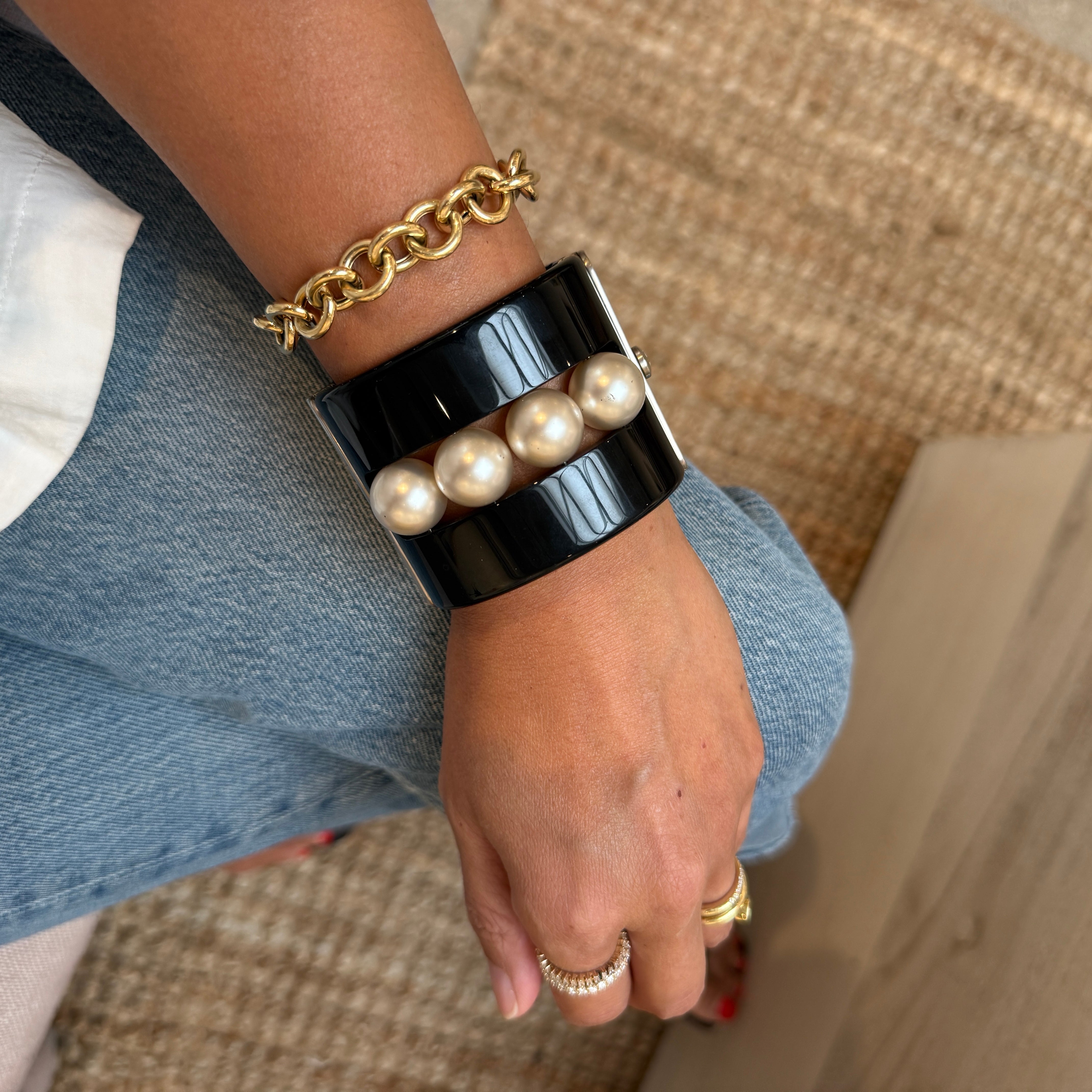Chanel CC Faux Pearl Black Resin Wide Cuff Bracelet, 2015 Collection