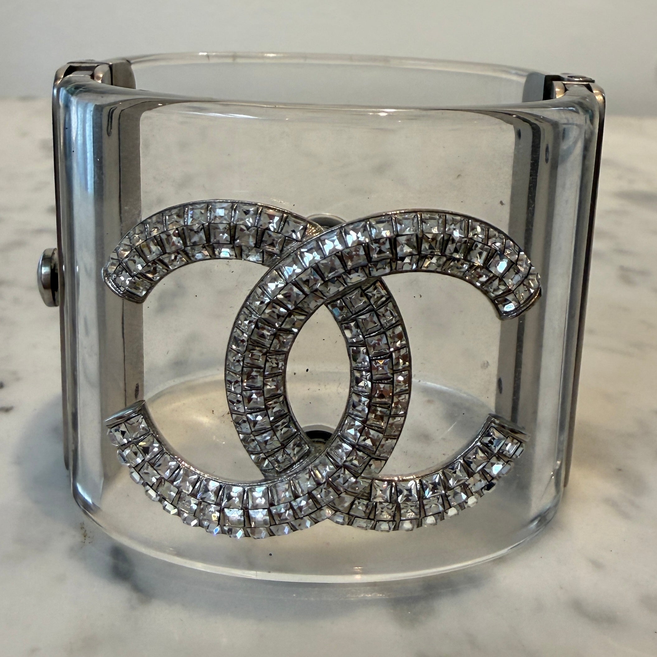 Chanel CC Crystal Studded Clear Lucite Hinged Wide Cuff Bracelet